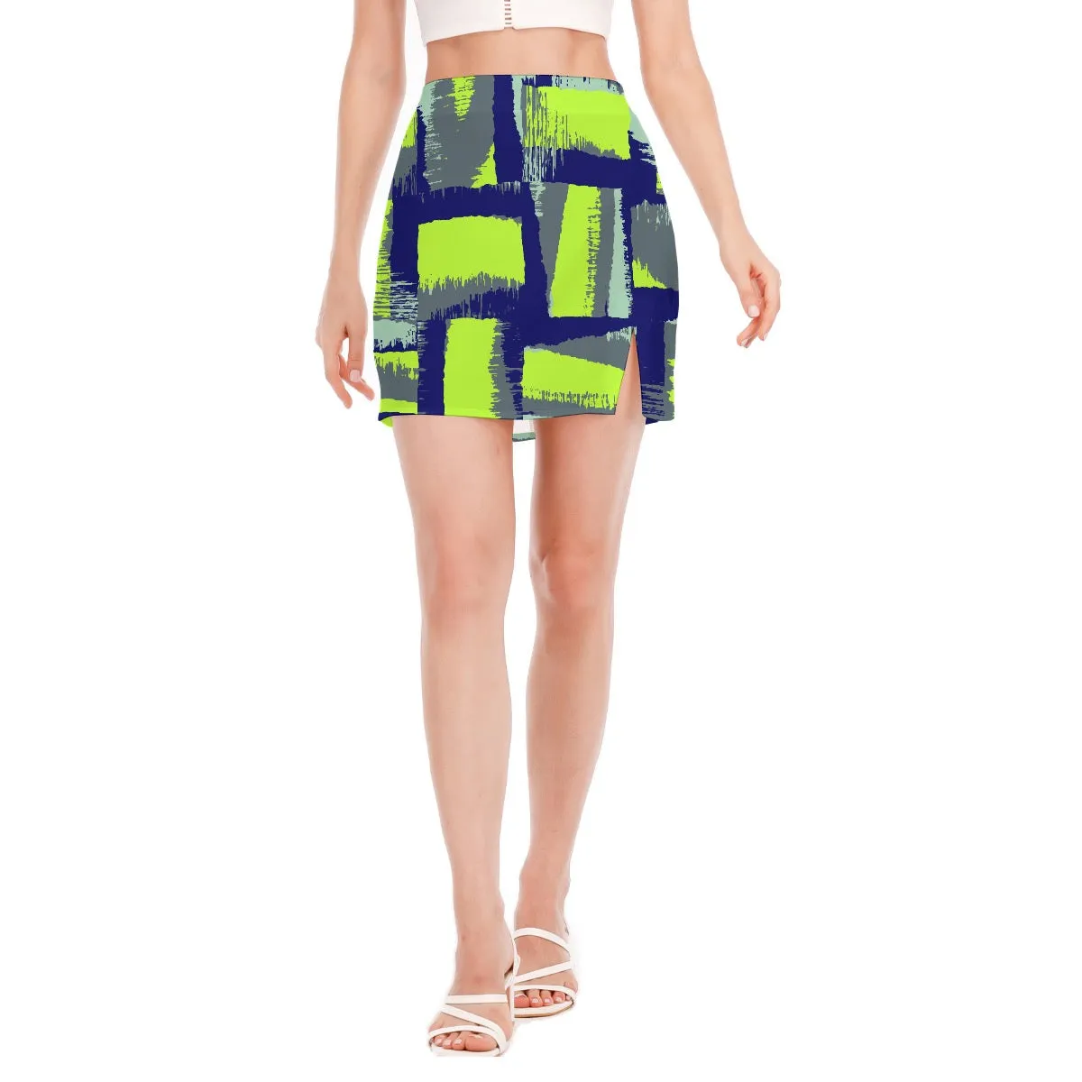 All-Over Print Women's Side Split Hip Skirt SS8 green, and blue print