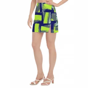 All-Over Print Women's Side Split Hip Skirt SS8 green, and blue print