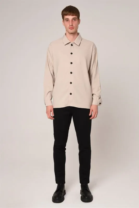 Antioch Taupe Long Sleeve Button Up Overshirt With Contrast Black Buttons