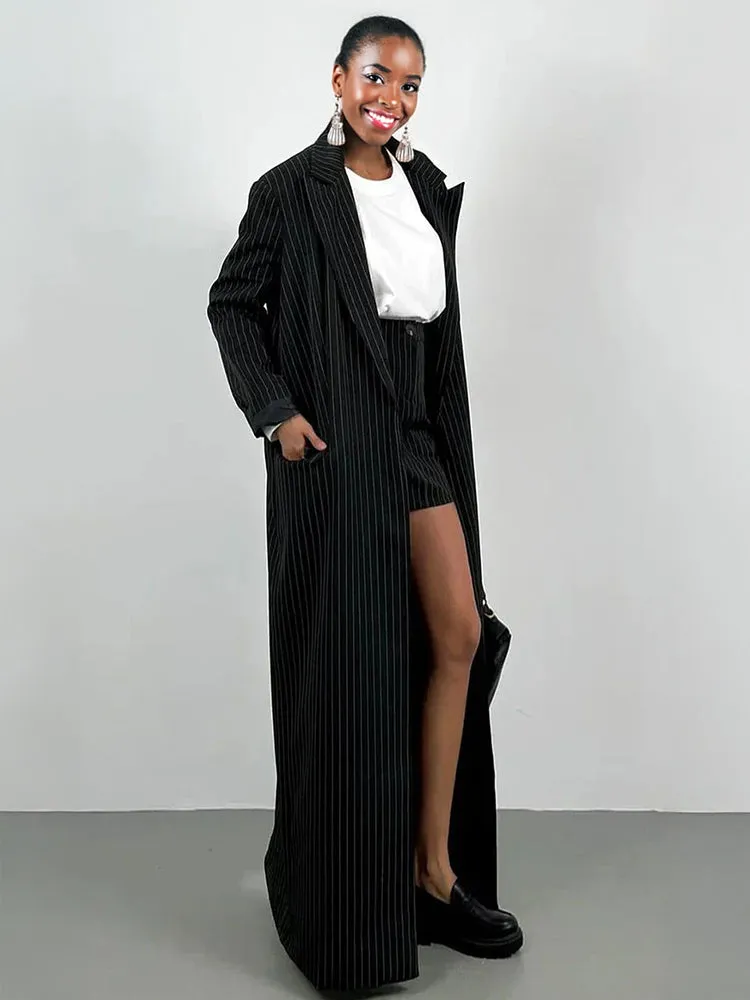 Ashore Shop Stripe Women's Two Pieces Set 2025 Trendy Floor Length Blazer With High Waist Mini Skirt Set