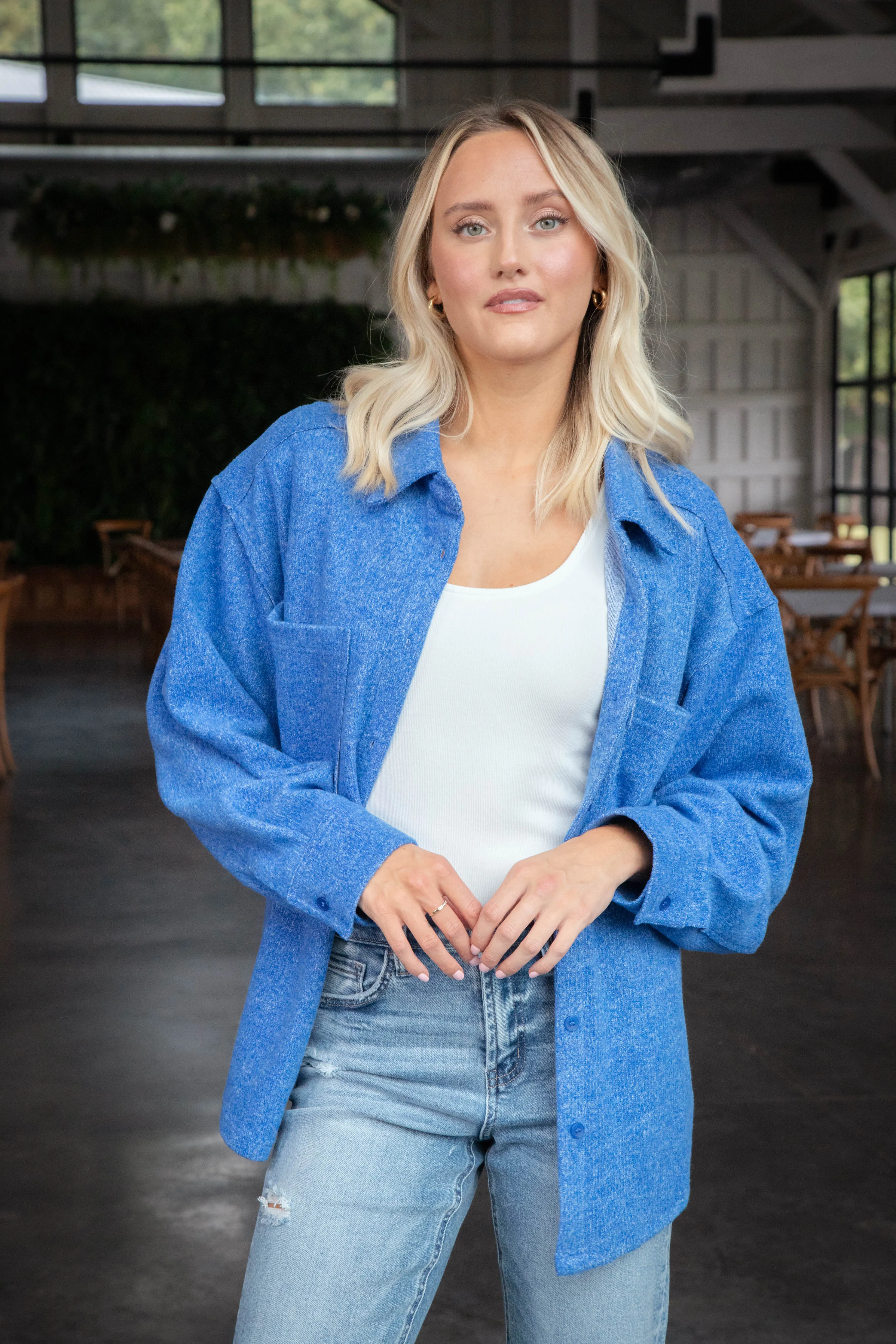 Aubri Oversized Button Down Shacket, Blue