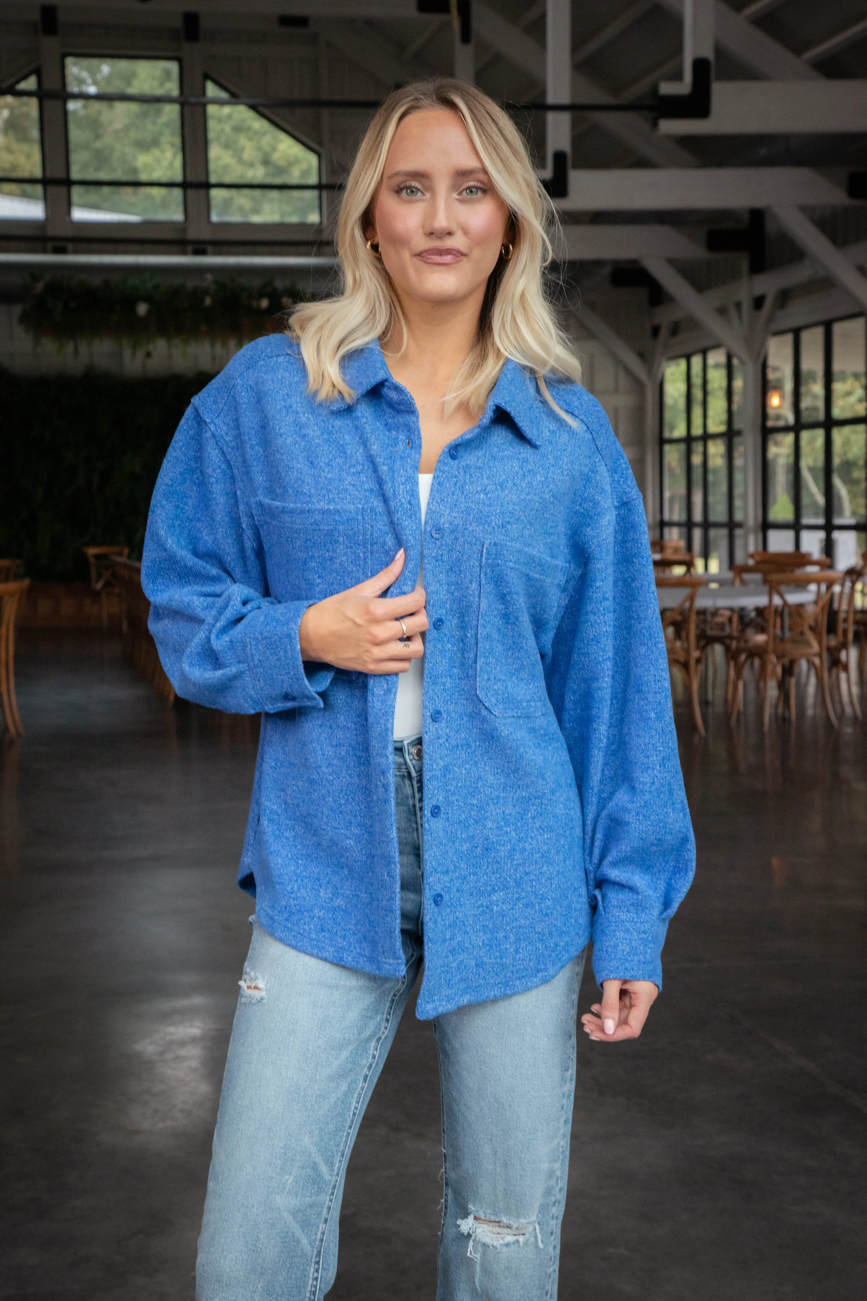 Aubri Oversized Button Down Shacket, Blue