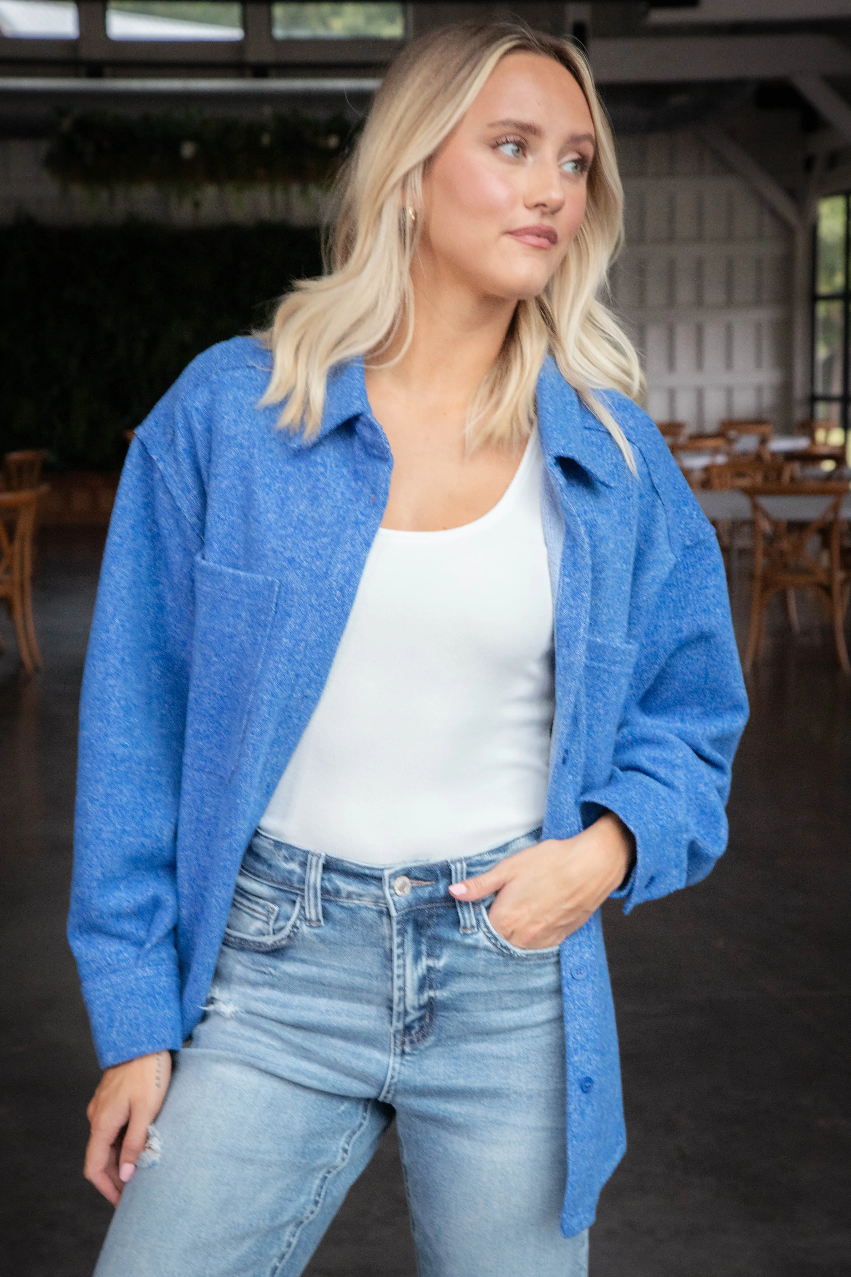 Aubri Oversized Button Down Shacket, Blue