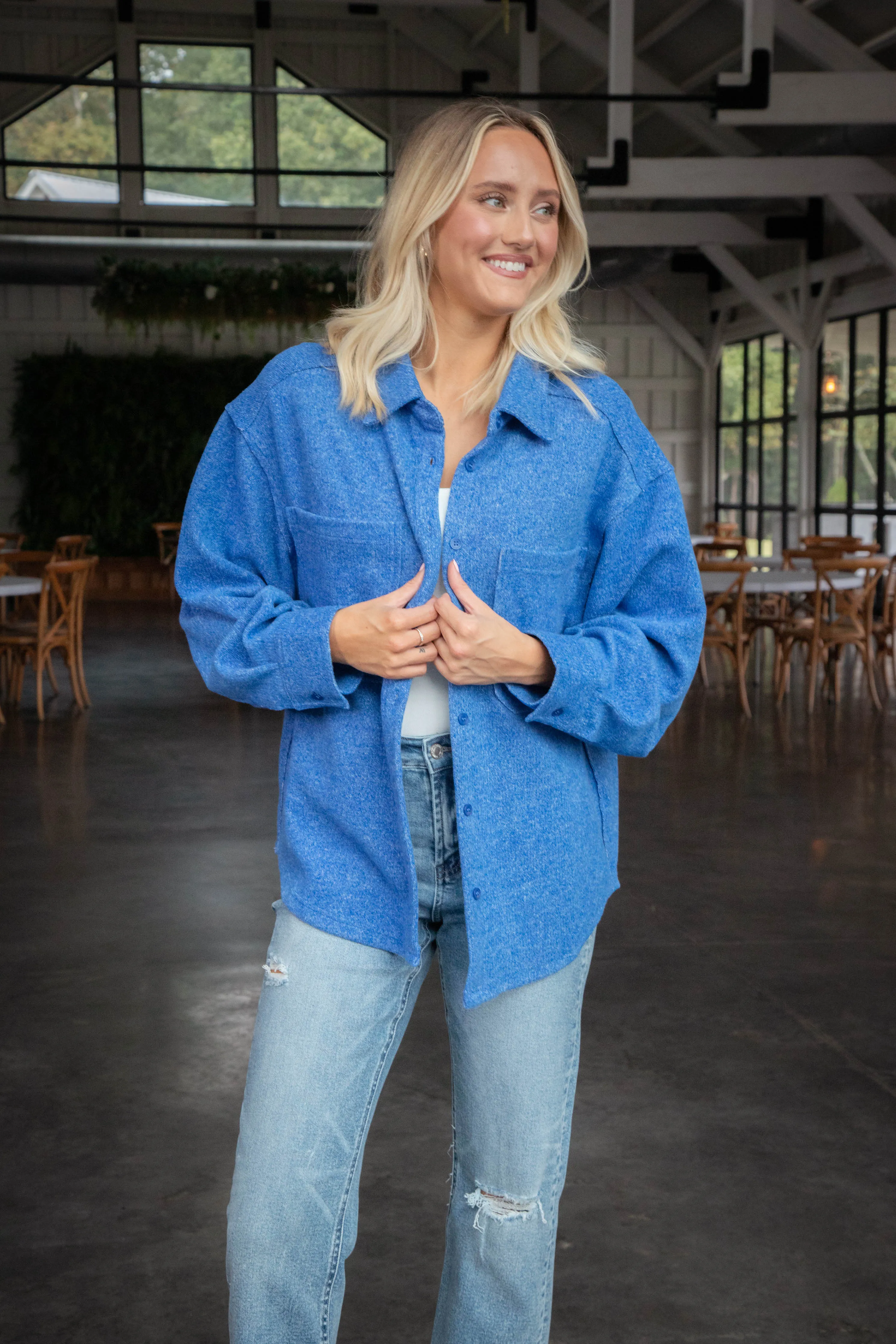 Aubri Oversized Button Down Shacket, Blue