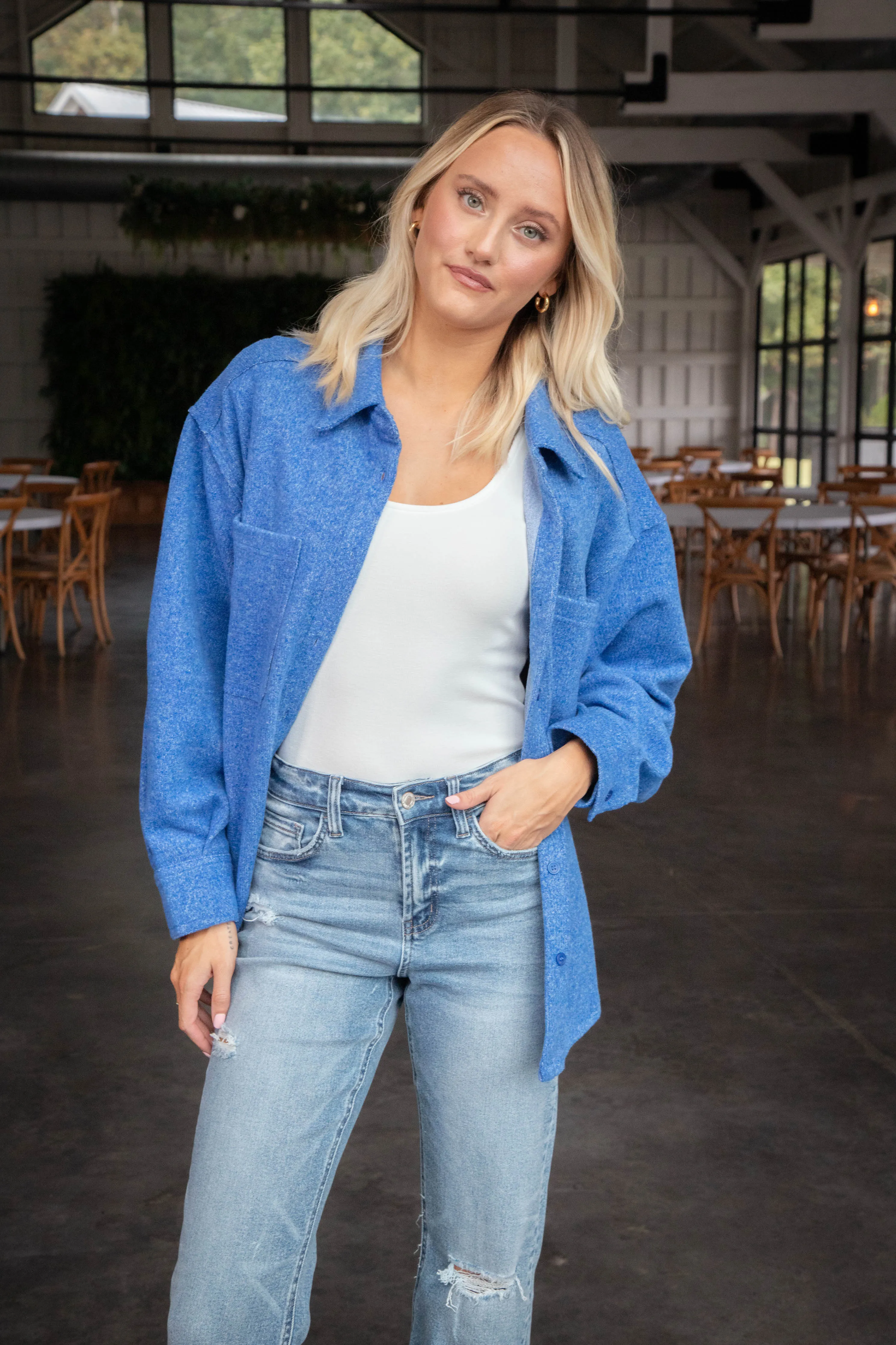 Aubri Oversized Button Down Shacket, Blue