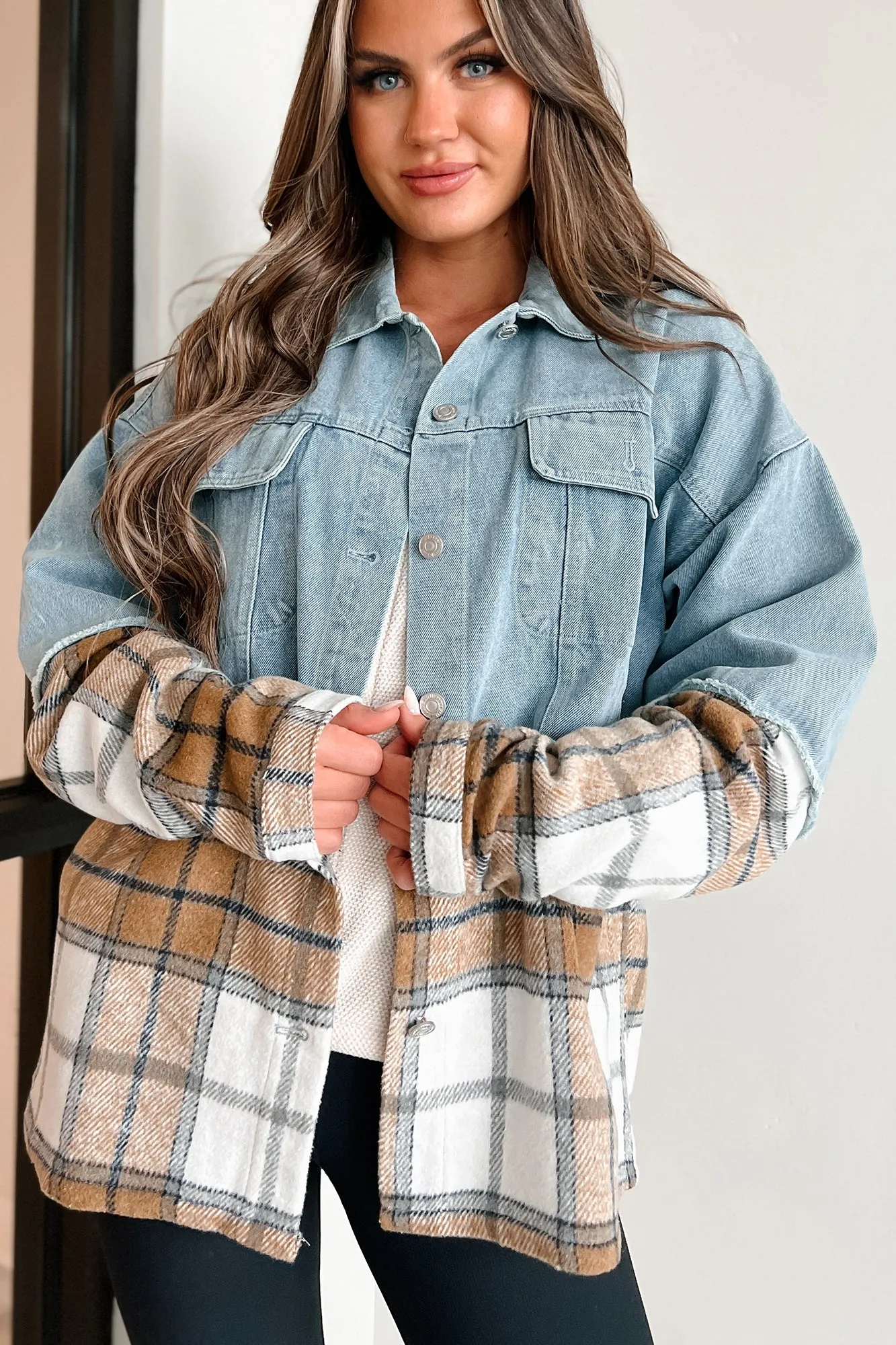 Autumn Mood Oversized Denim/Plaid Shacket (Denim/Caramel)