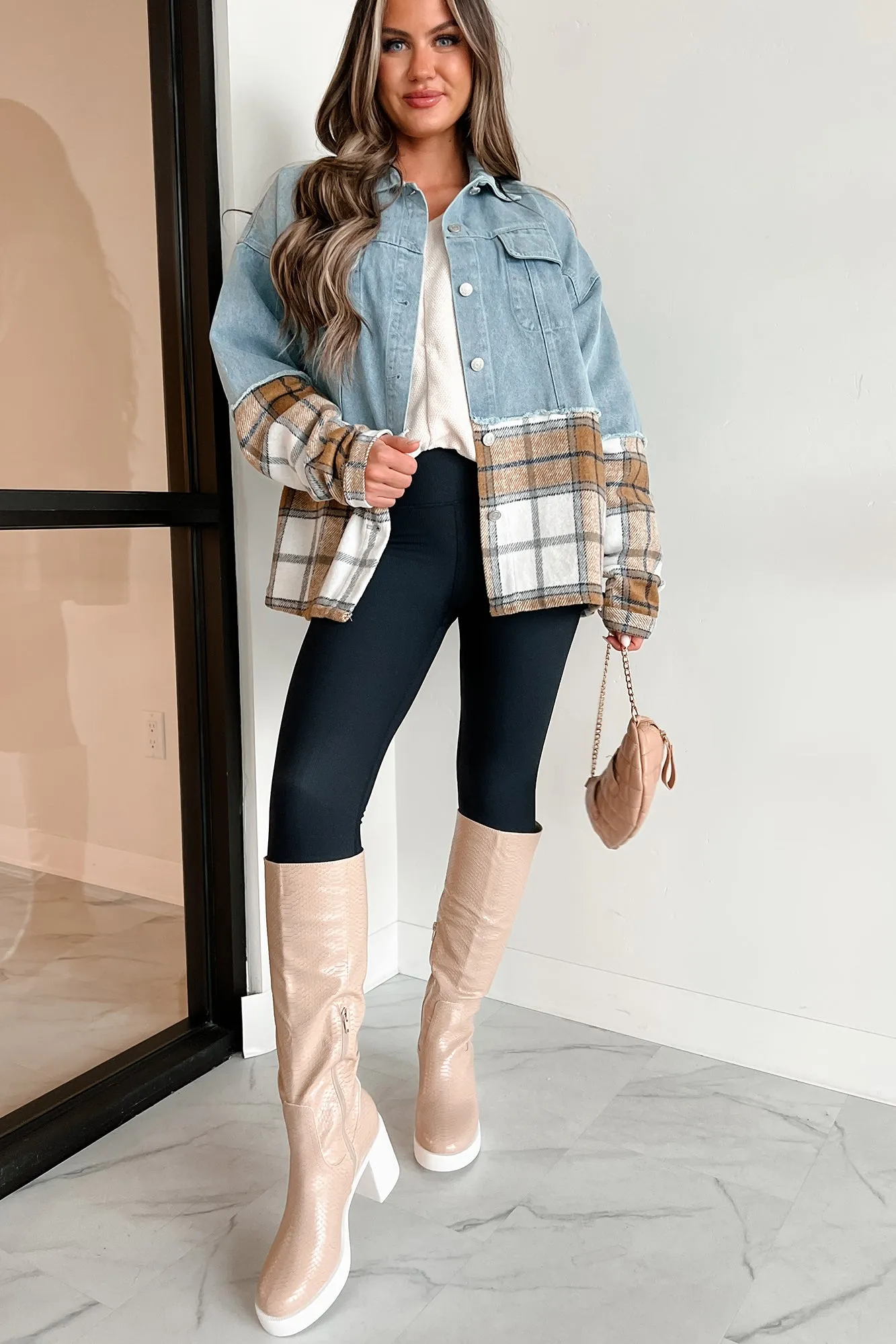 Autumn Mood Oversized Denim/Plaid Shacket (Denim/Caramel)