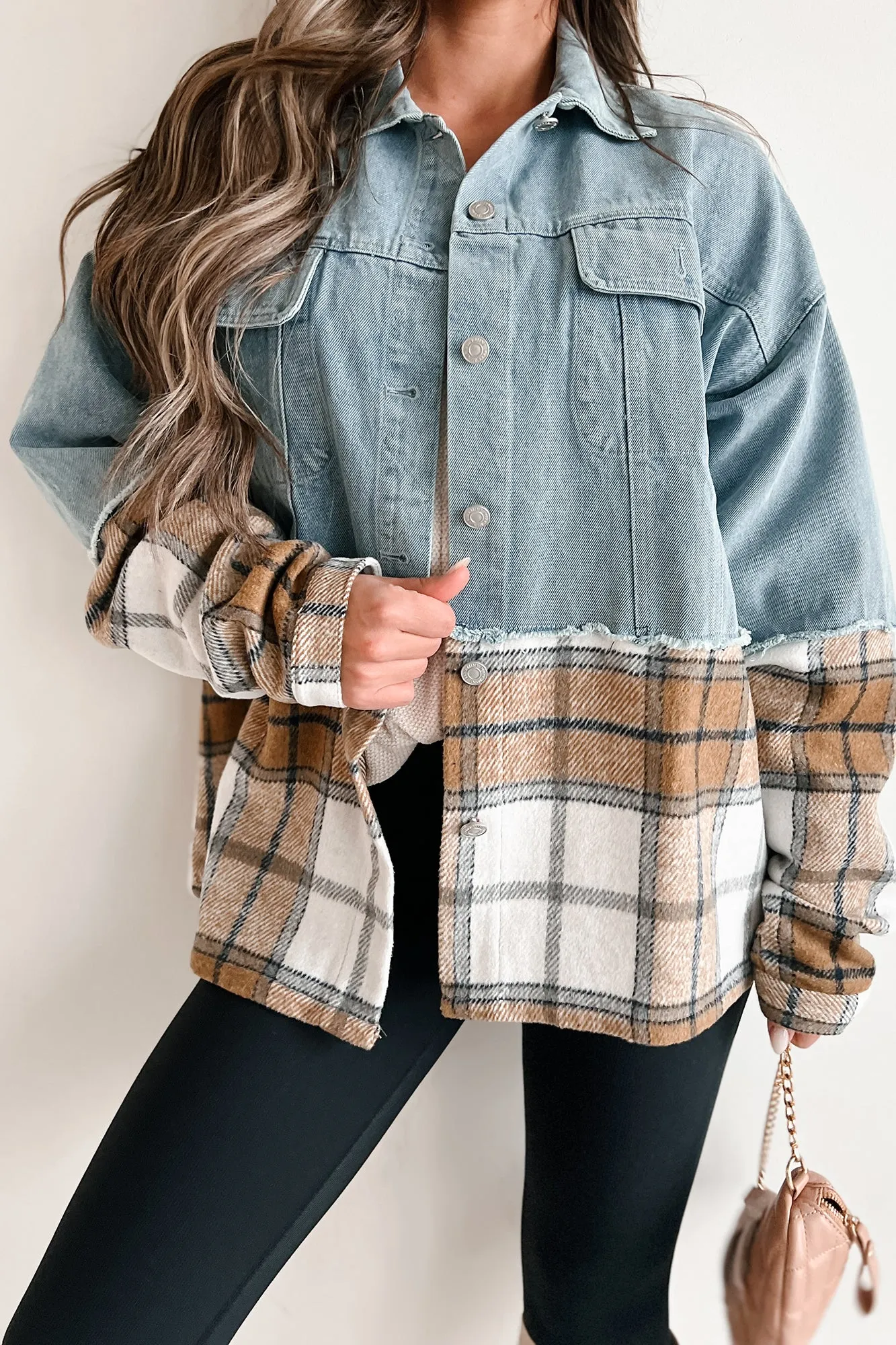 Autumn Mood Oversized Denim/Plaid Shacket (Denim/Caramel)