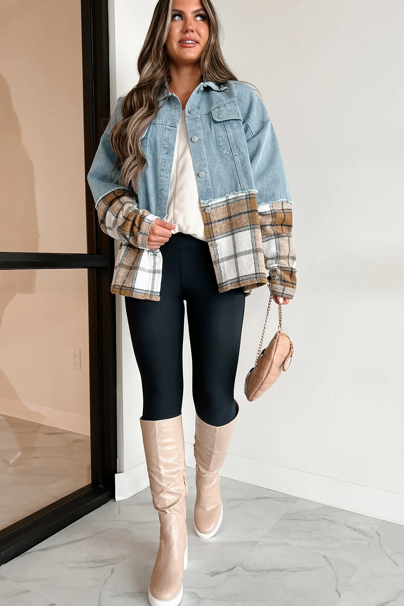 Autumn Mood Oversized Denim/Plaid Shacket (Denim/Caramel)