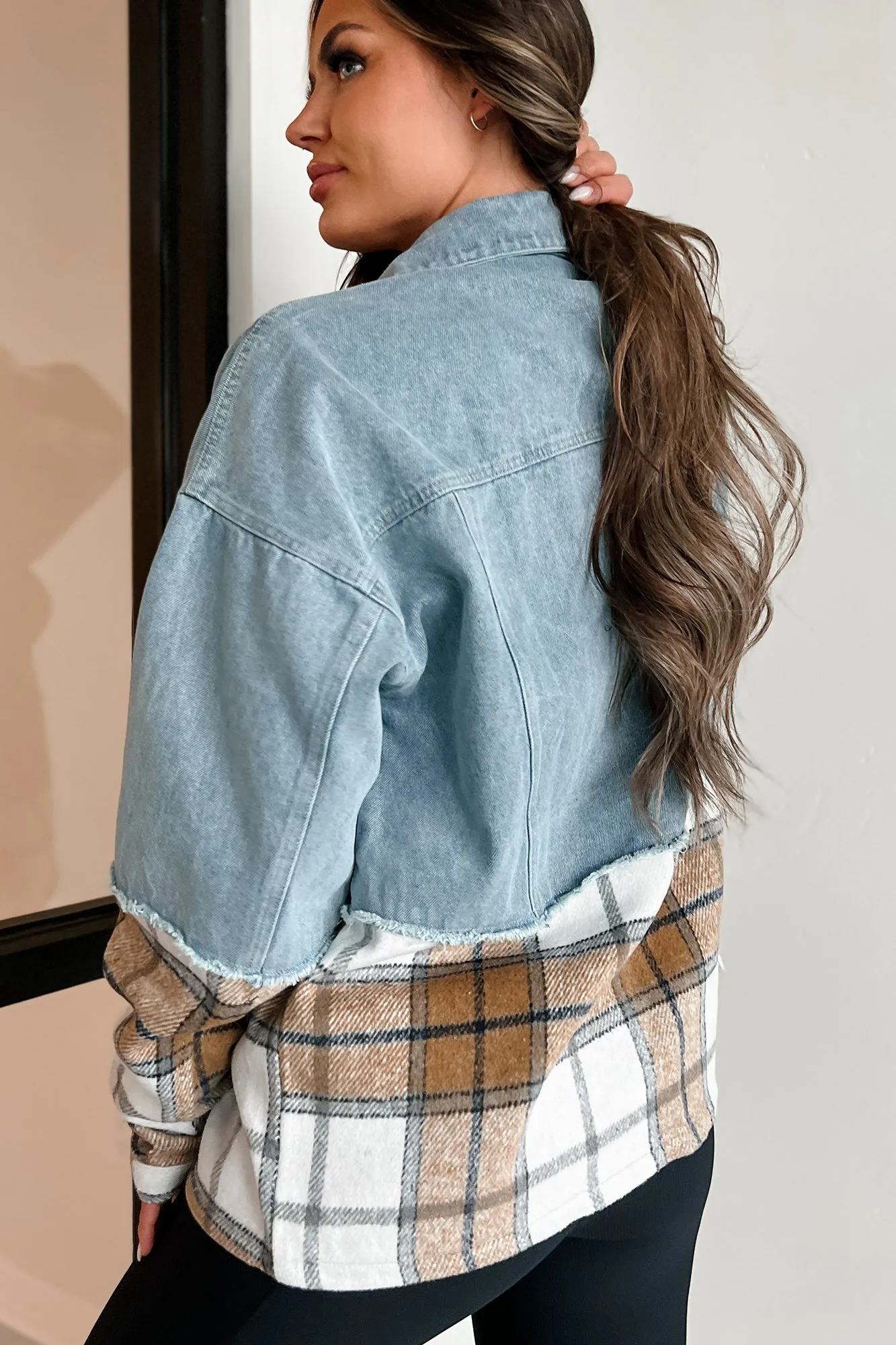 Autumn Mood Oversized Denim/Plaid Shacket (Denim/Caramel)