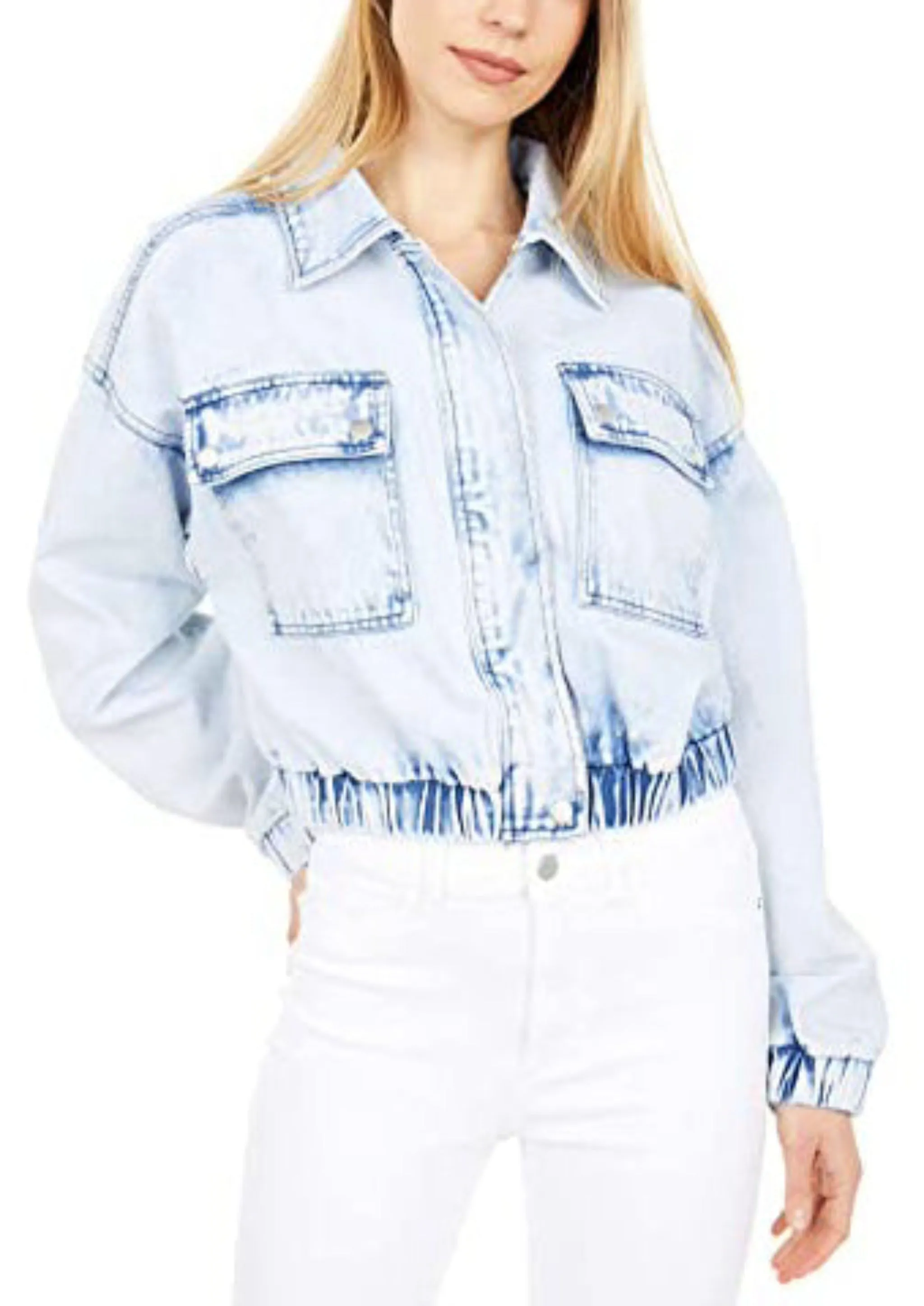 AVEC LES FILLE Women’s light acid wash cropped denim bomber jacket w/ elastic hem & cuffs, L