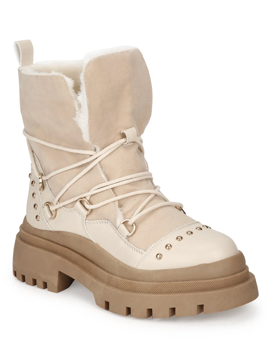 Beige PU Lace Up Snow Fur Boots