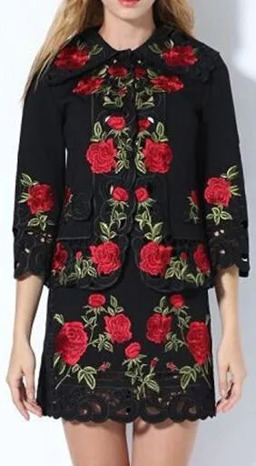 Black Floral Embroidered Cut-Out Jacket and Skirt Set