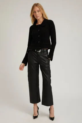 Black Leather Cropped Cargo Trousers