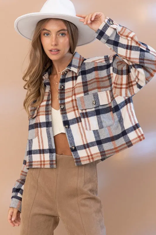 Blue B Plaid Crop Shirt Jacket