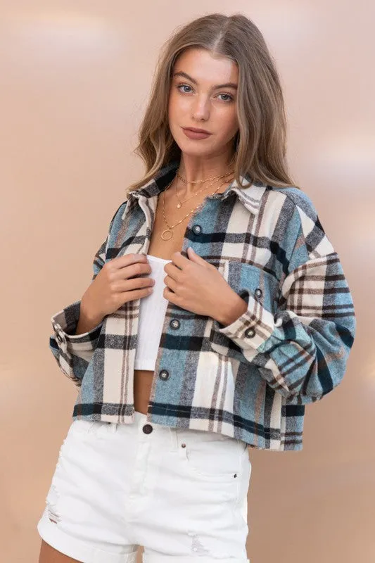 Blue B Plaid Crop Shirt Jacket