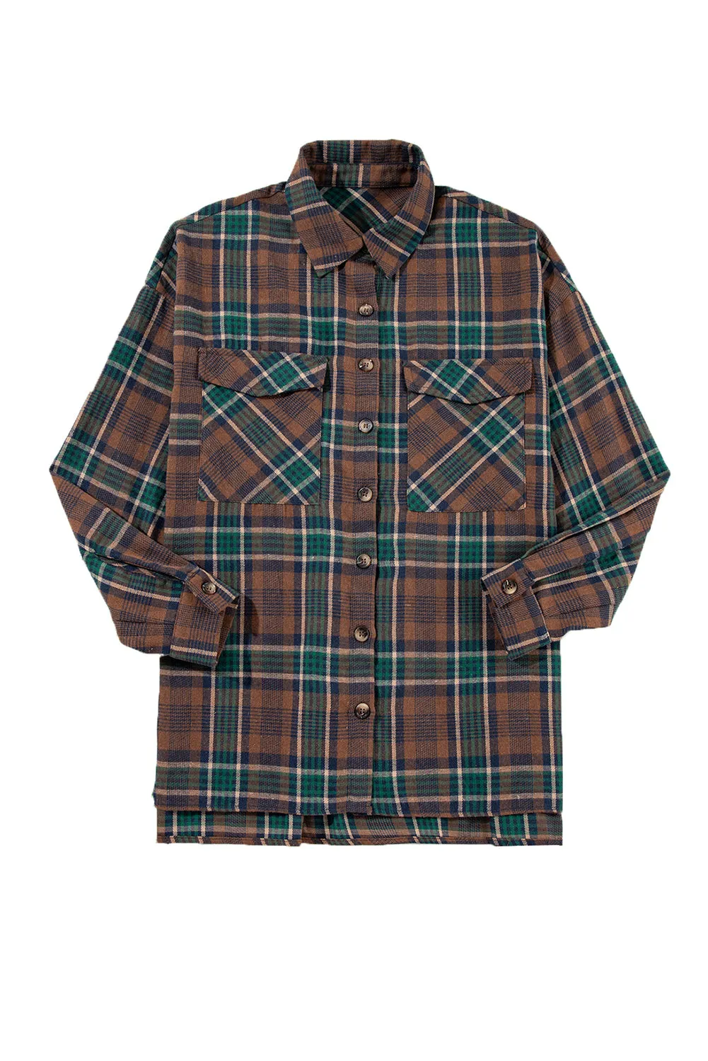 Blue Zone Planet |  Brown Plaid Print Chest Pockets Buttoned Shacket