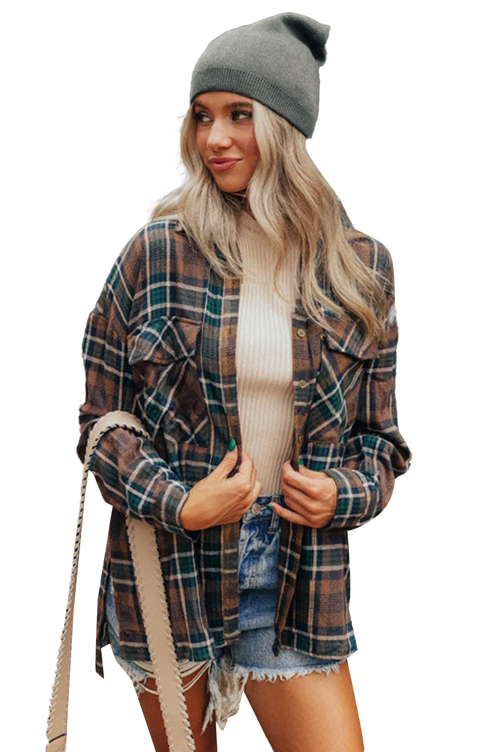 Blue Zone Planet |  Brown Plaid Print Chest Pockets Buttoned Shacket