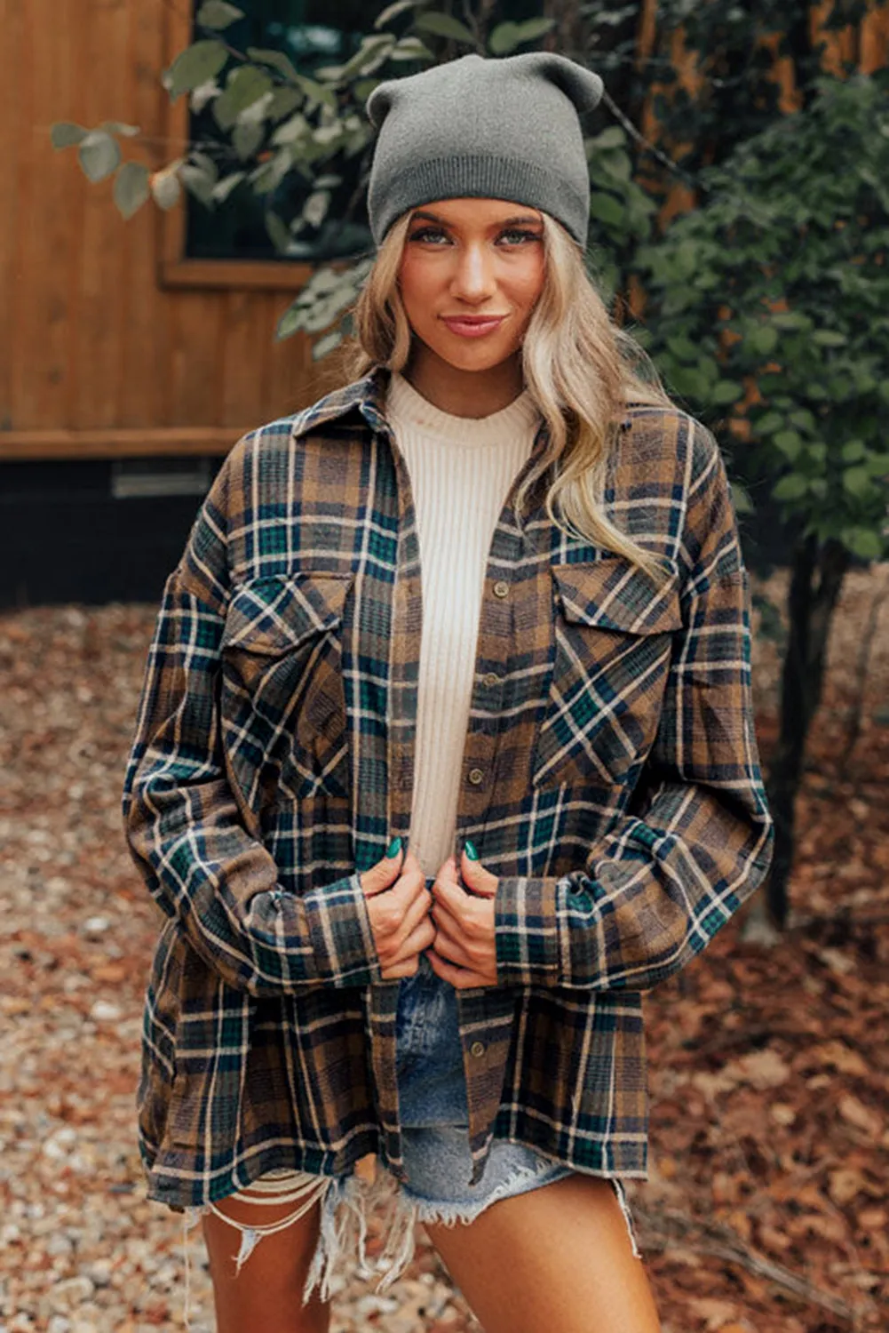 Blue Zone Planet |  Brown Plaid Print Chest Pockets Buttoned Shacket