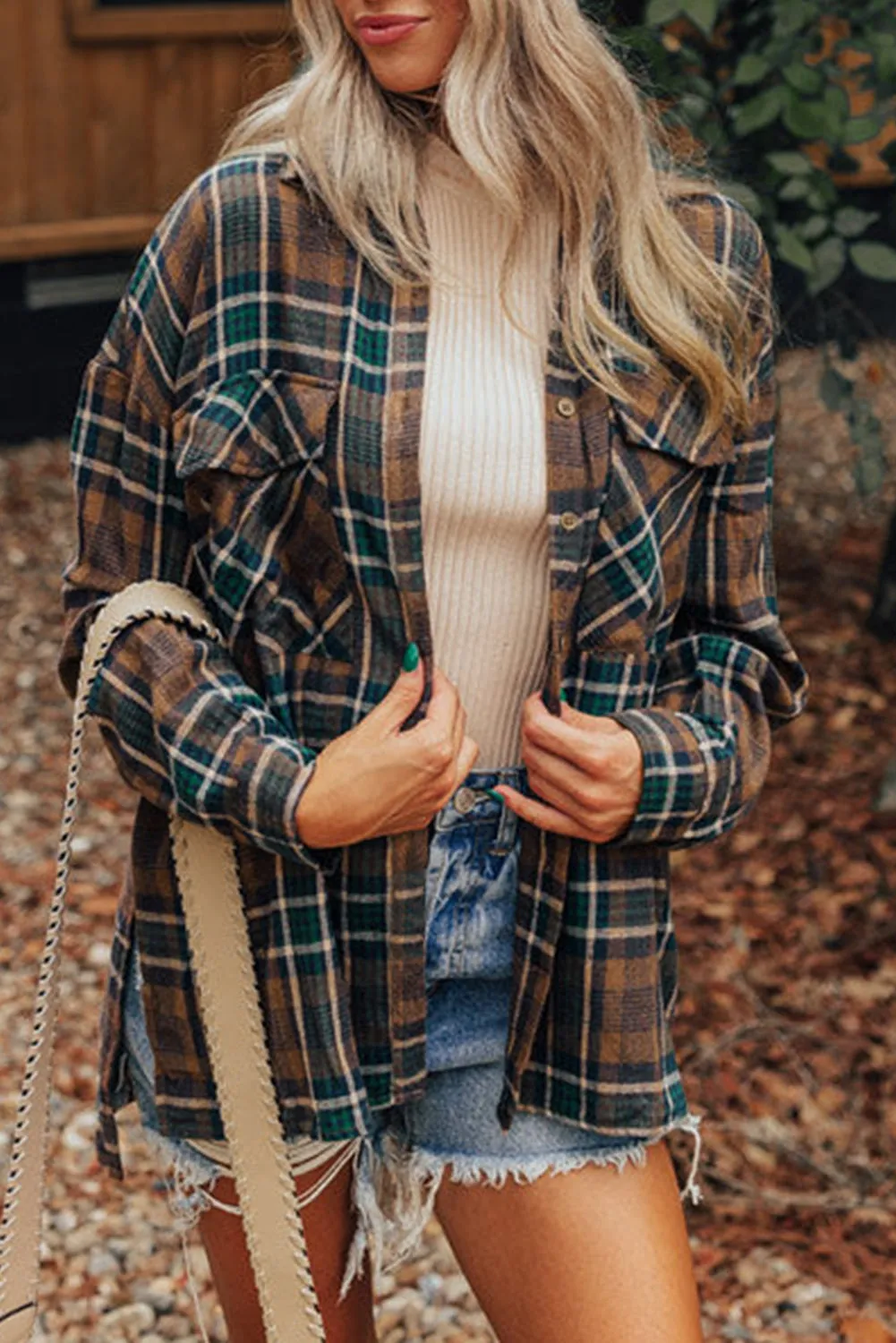 Blue Zone Planet |  Brown Plaid Print Chest Pockets Buttoned Shacket