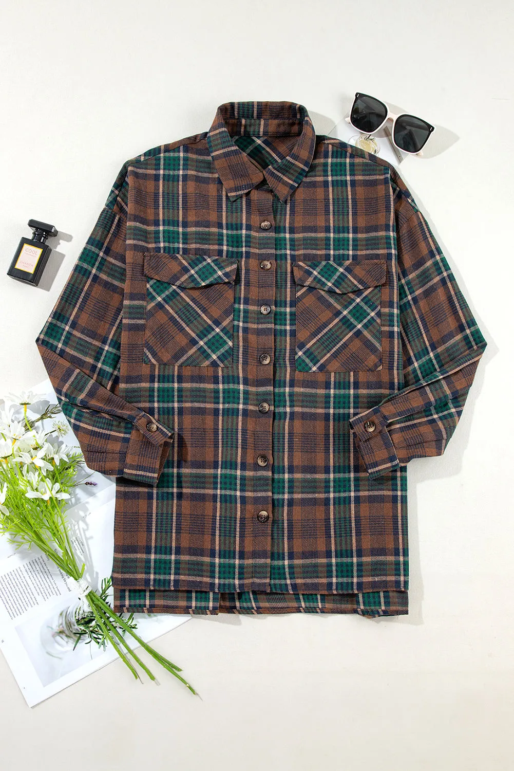 Blue Zone Planet |  Brown Plaid Print Chest Pockets Buttoned Shacket