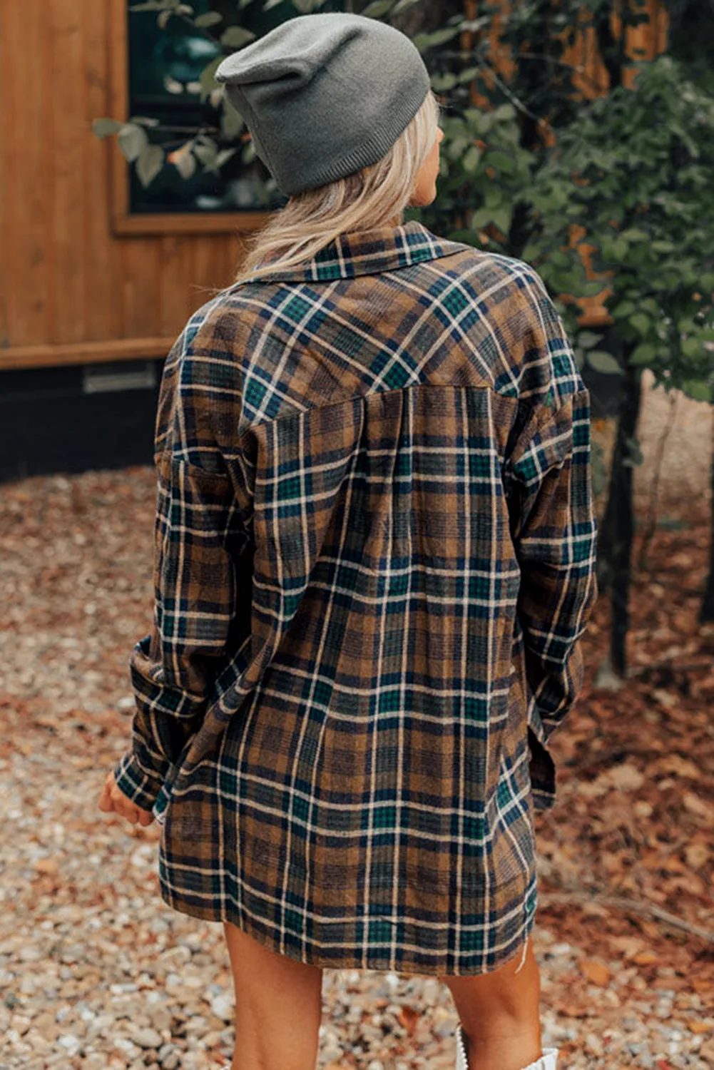 Blue Zone Planet |  Brown Plaid Print Chest Pockets Buttoned Shacket