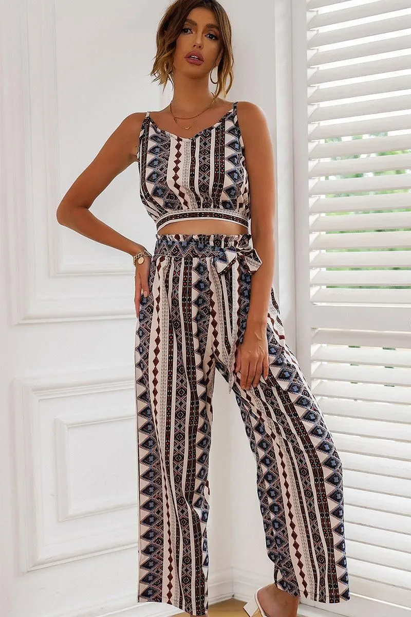 BOHEMIAN SUSPENDER CROP TOP AND WIDE PANTS SET