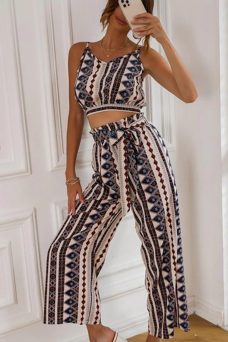 BOHEMIAN SUSPENDER CROP TOP AND WIDE PANTS SET