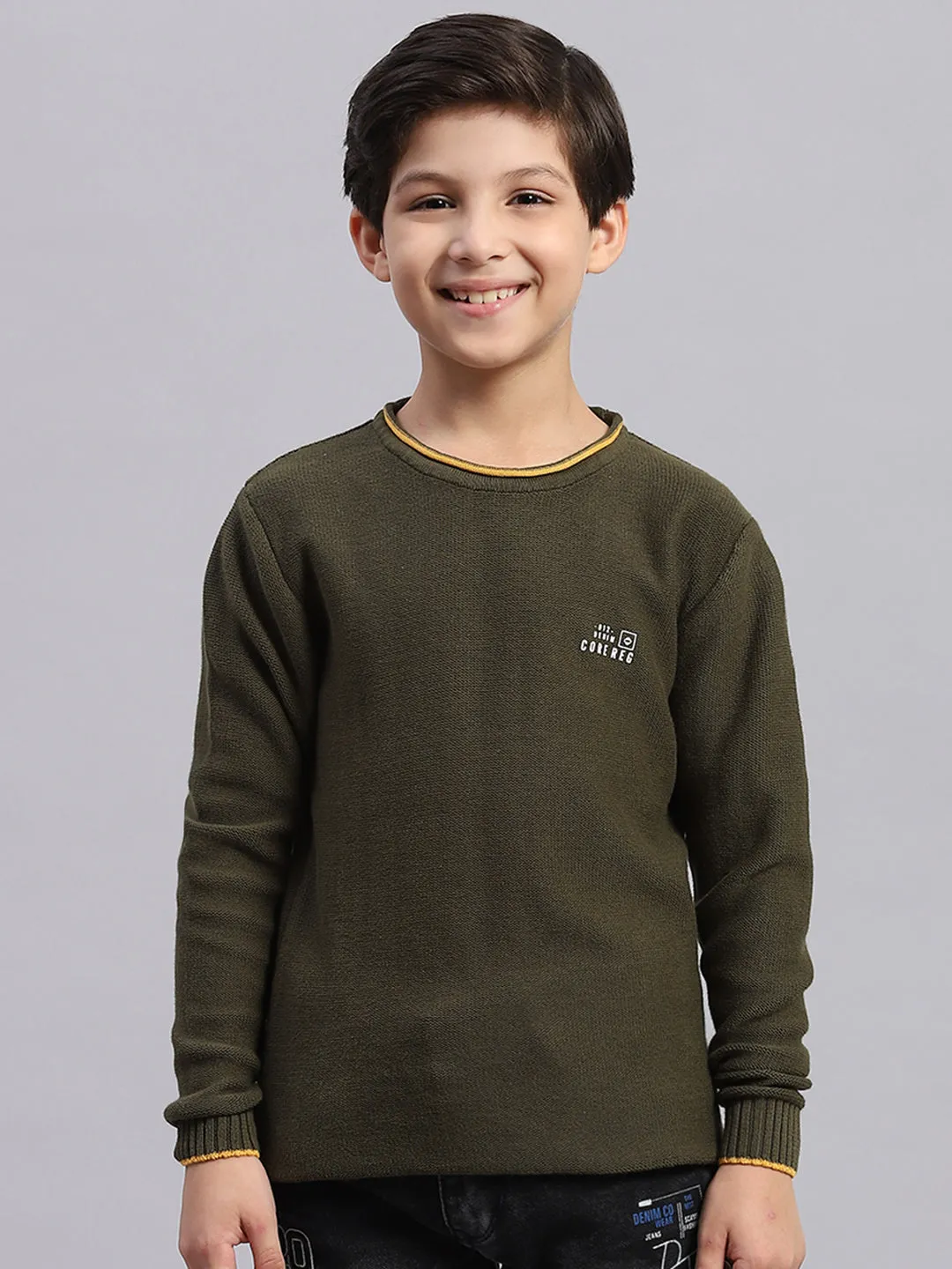 Boys Olive Solid Round Neck Full Sleeve Sweater