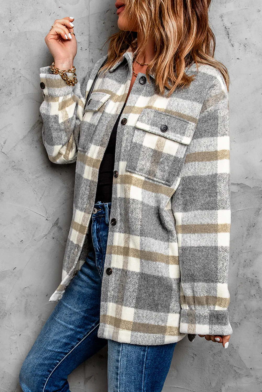 Brown Plaid Print Pocket Women Shacket