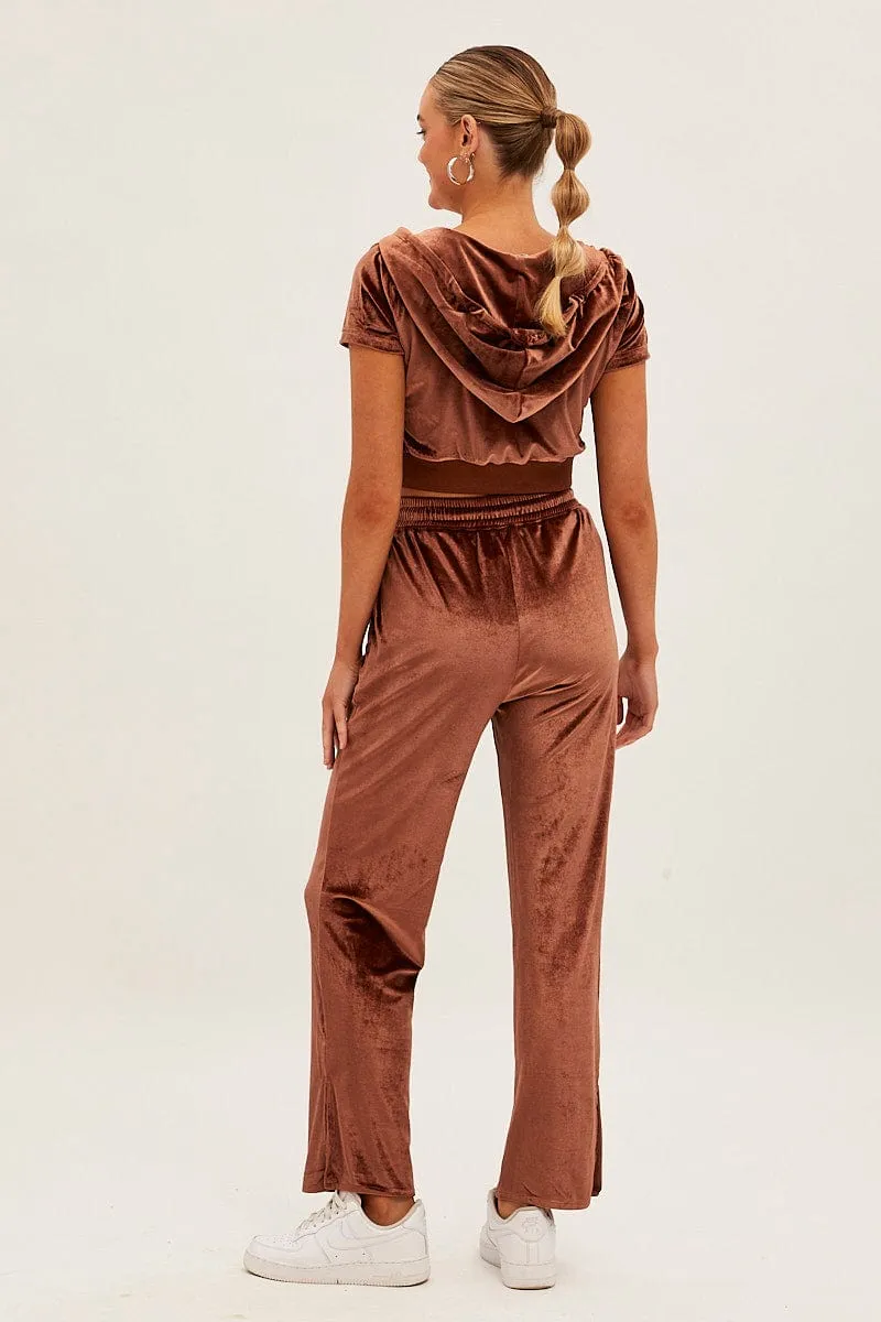 Brown Velvet Flared Hem Pants