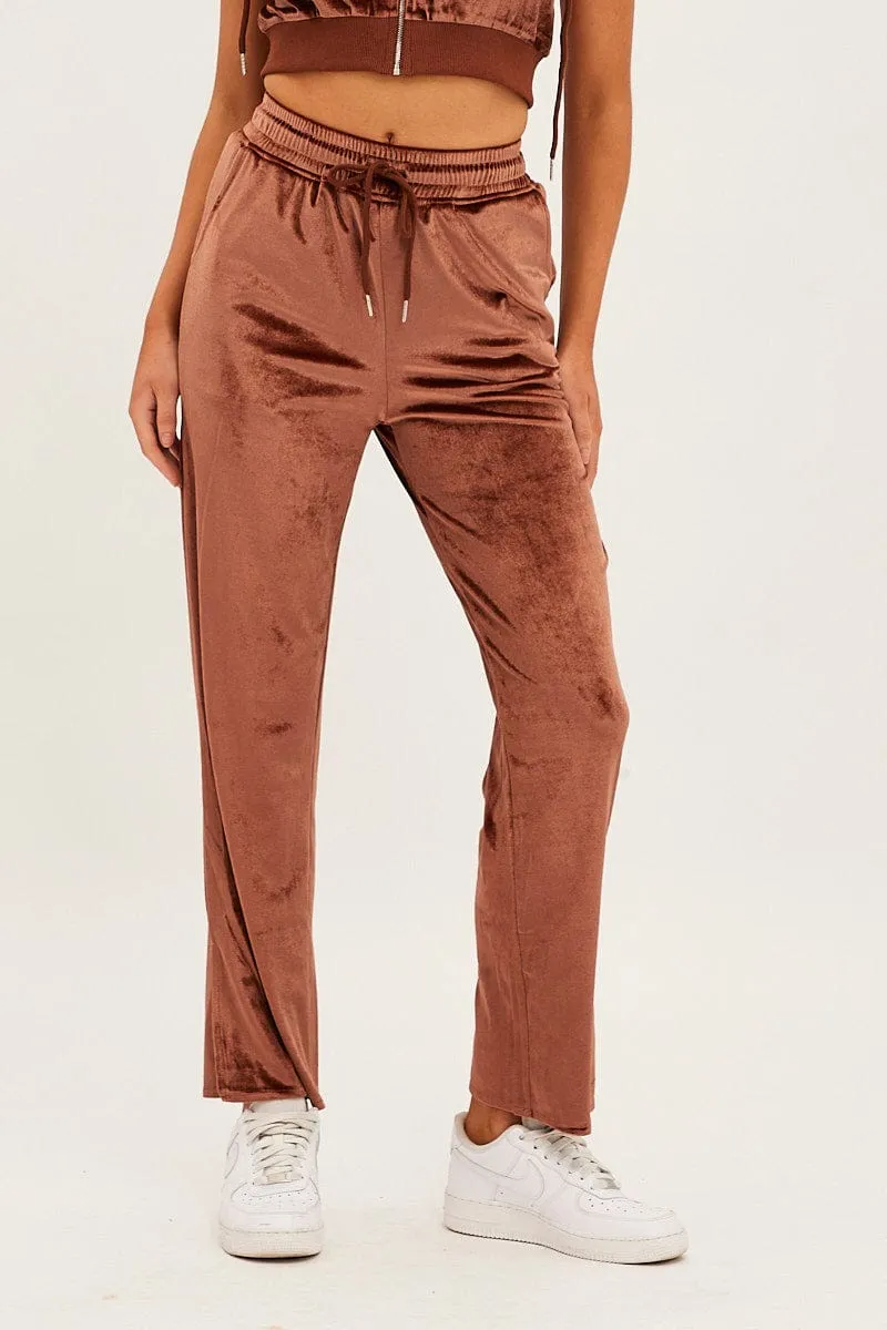 Brown Velvet Flared Hem Pants