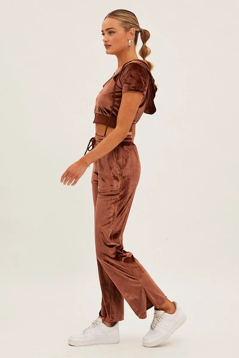 Brown Velvet Flared Hem Pants