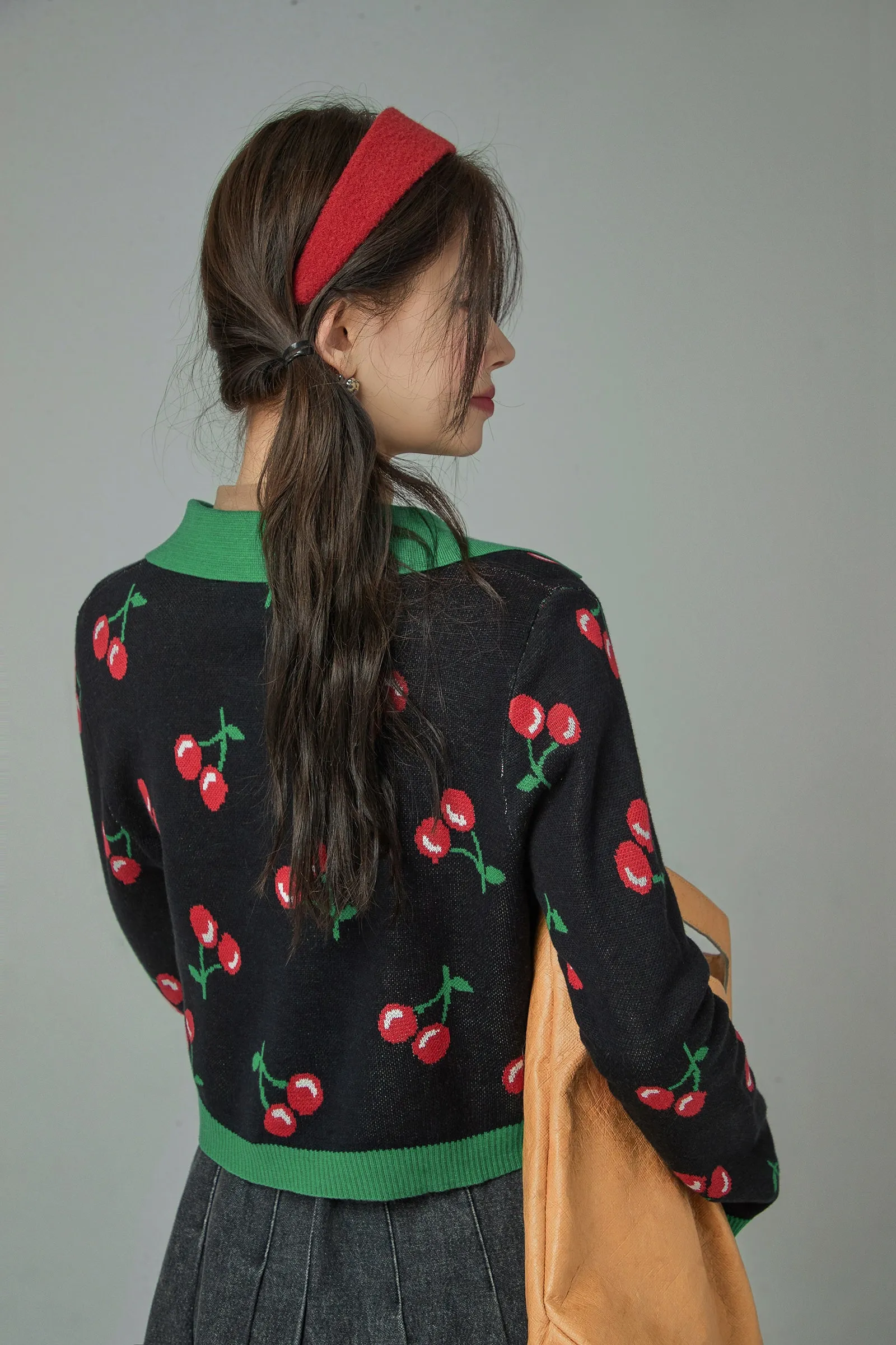 Cherry Polo Collar Colored Crop Knit Sweater