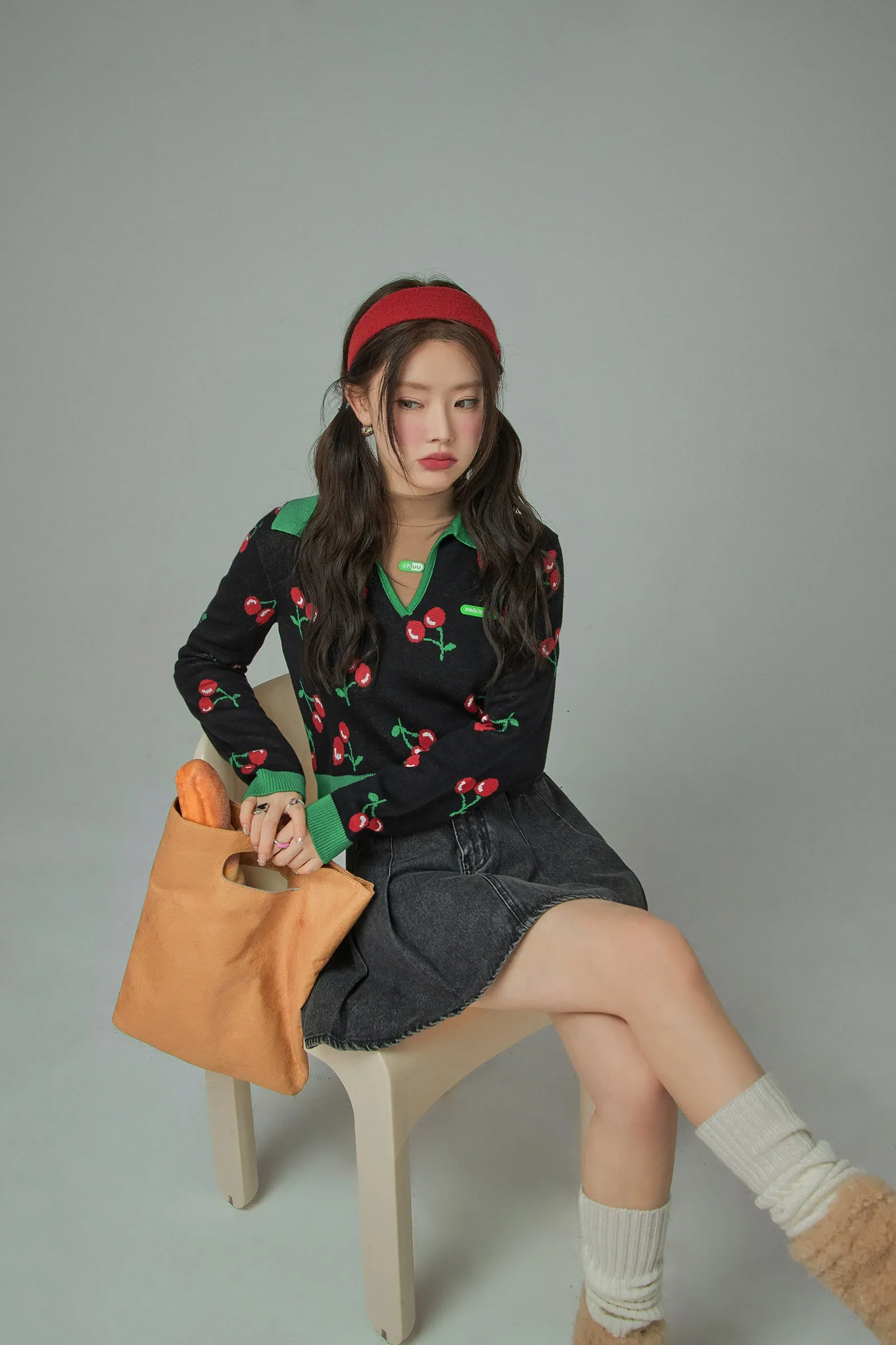 Cherry Polo Collar Colored Crop Knit Sweater