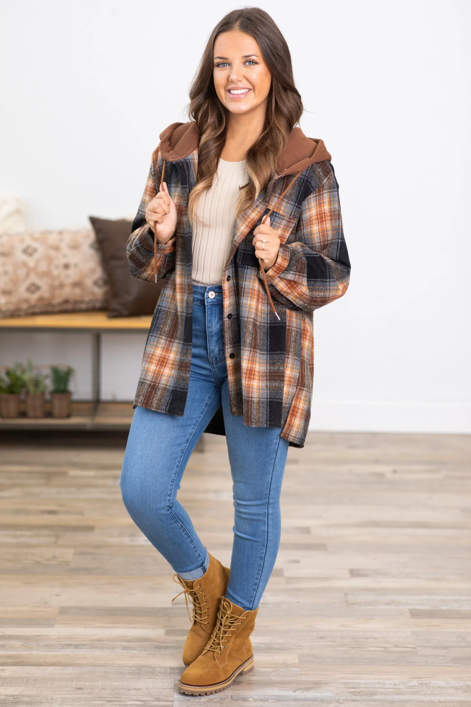 Chestnut Plaid Super Soft Hooded Shacket