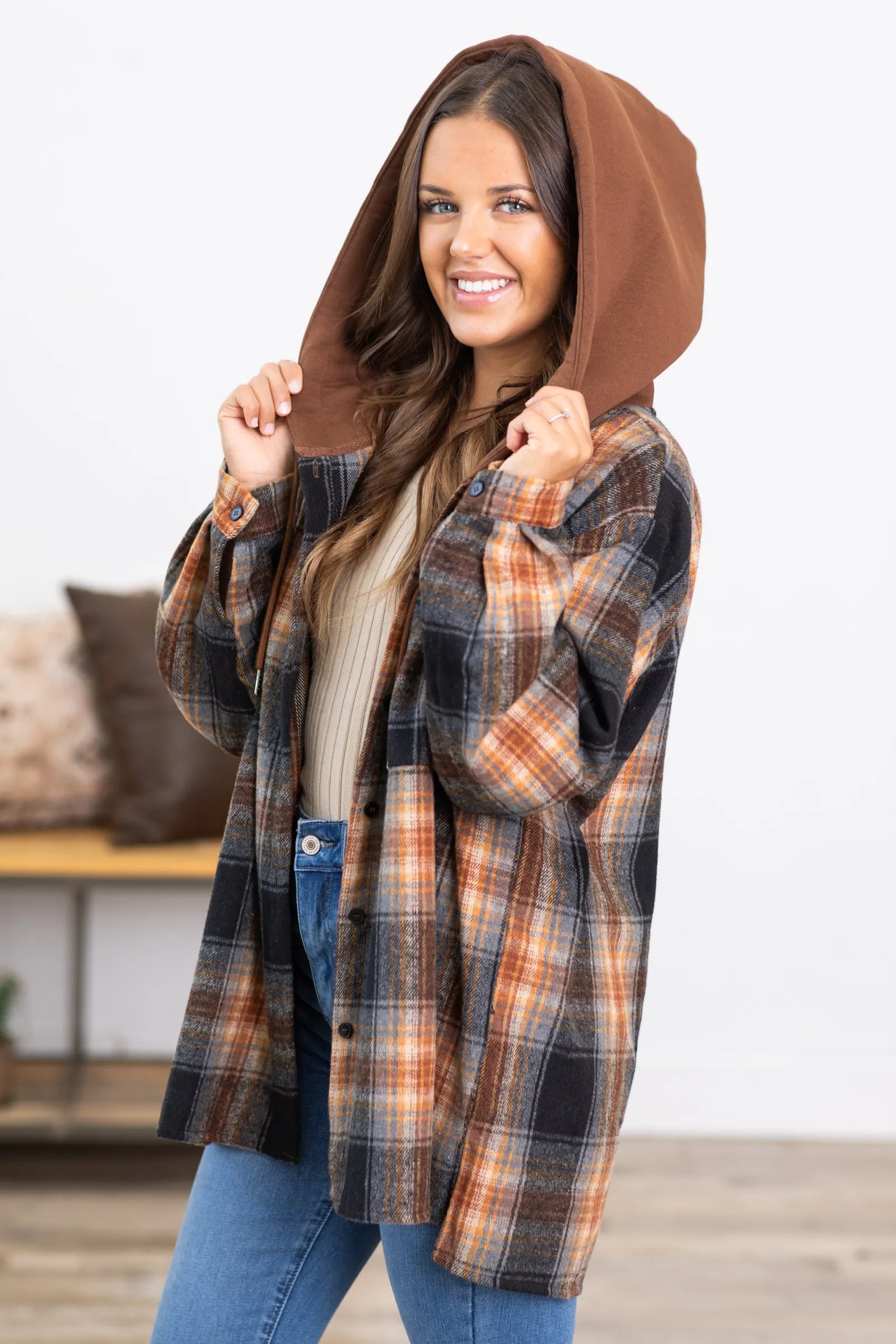 Chestnut Plaid Super Soft Hooded Shacket