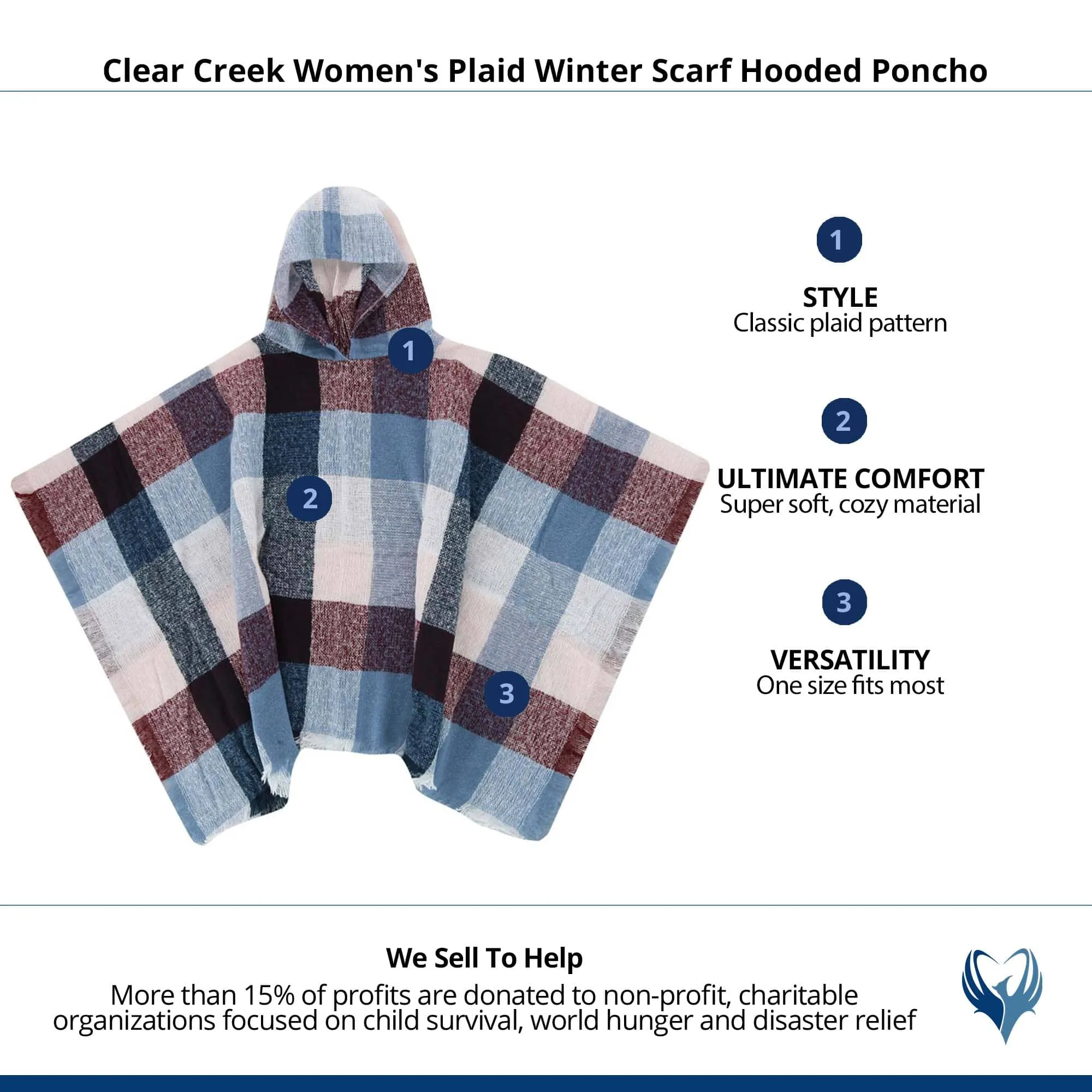 Clear Creek Women's Plaid Winter Scarf Hooded Poncho