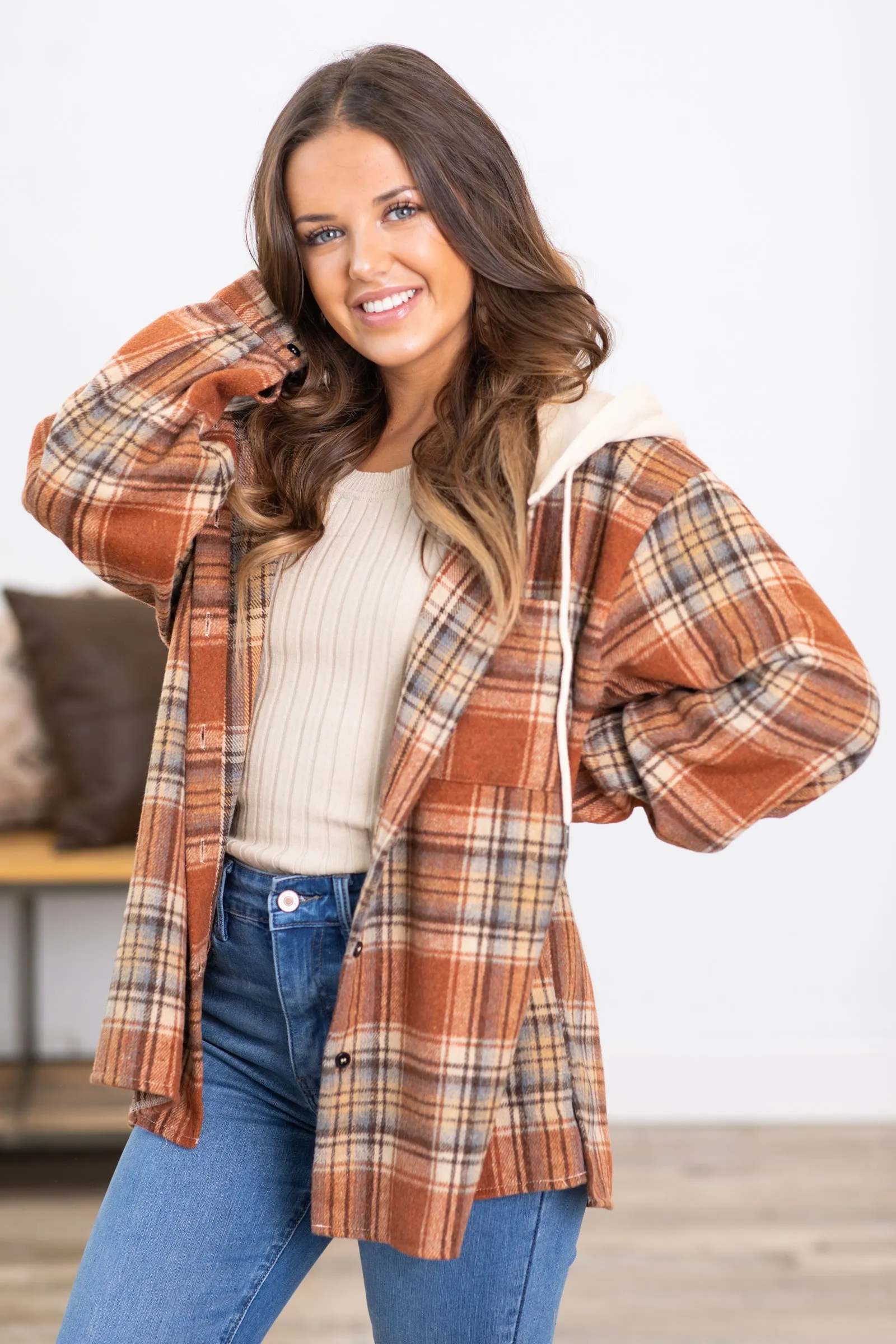 Cognac Plaid Super Soft Hooded Shacket