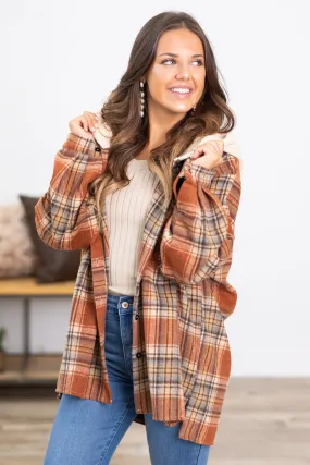 Cognac Plaid Super Soft Hooded Shacket