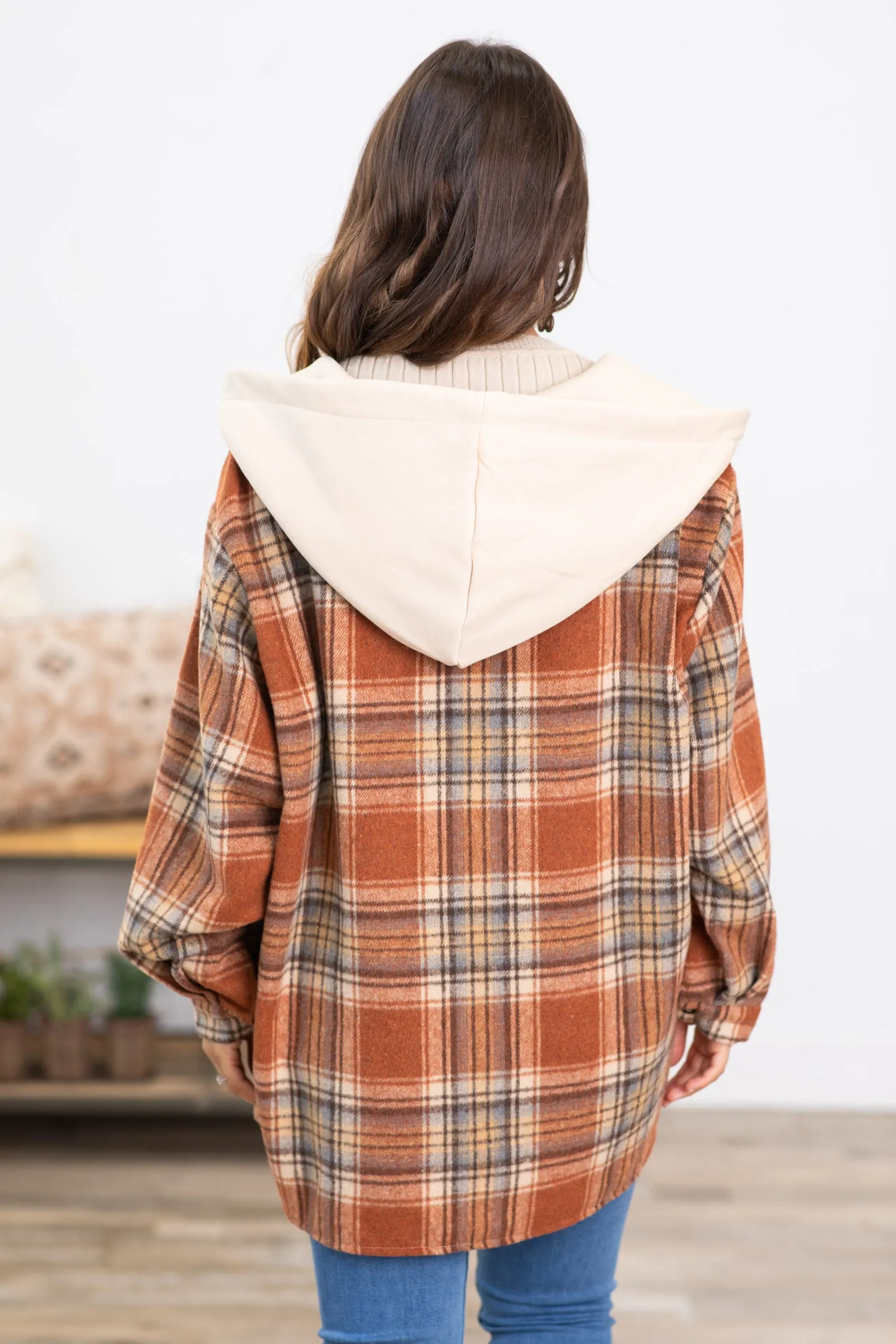 Cognac Plaid Super Soft Hooded Shacket