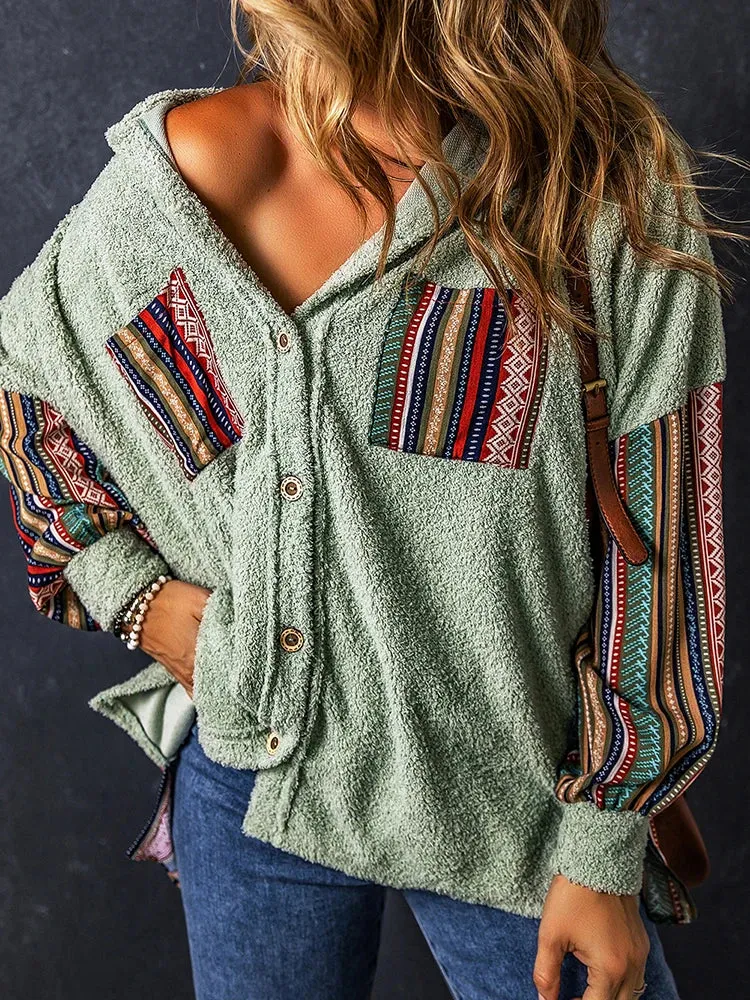 Cozy Plush Ethnic Work-Patch Hooded Shackets – Boho Shackets