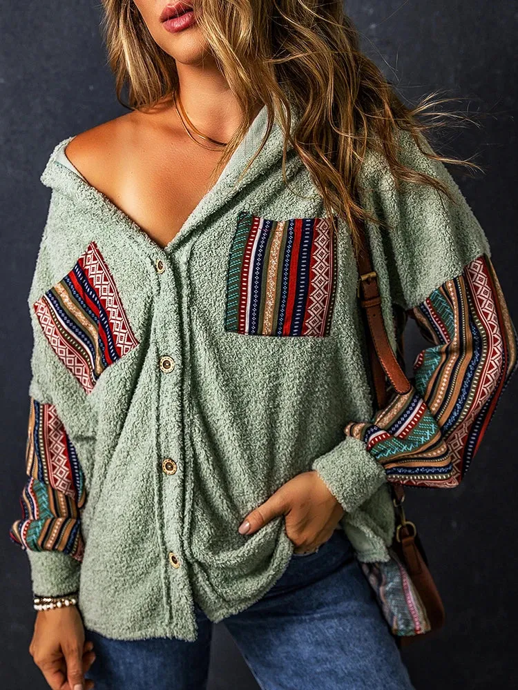 Cozy Plush Ethnic Work-Patch Hooded Shackets – Boho Shackets