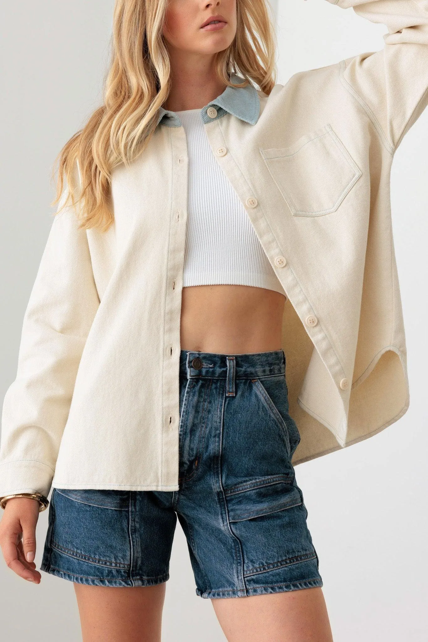 Cream Contrast Collar Cotton Pocket Oversized Shacket