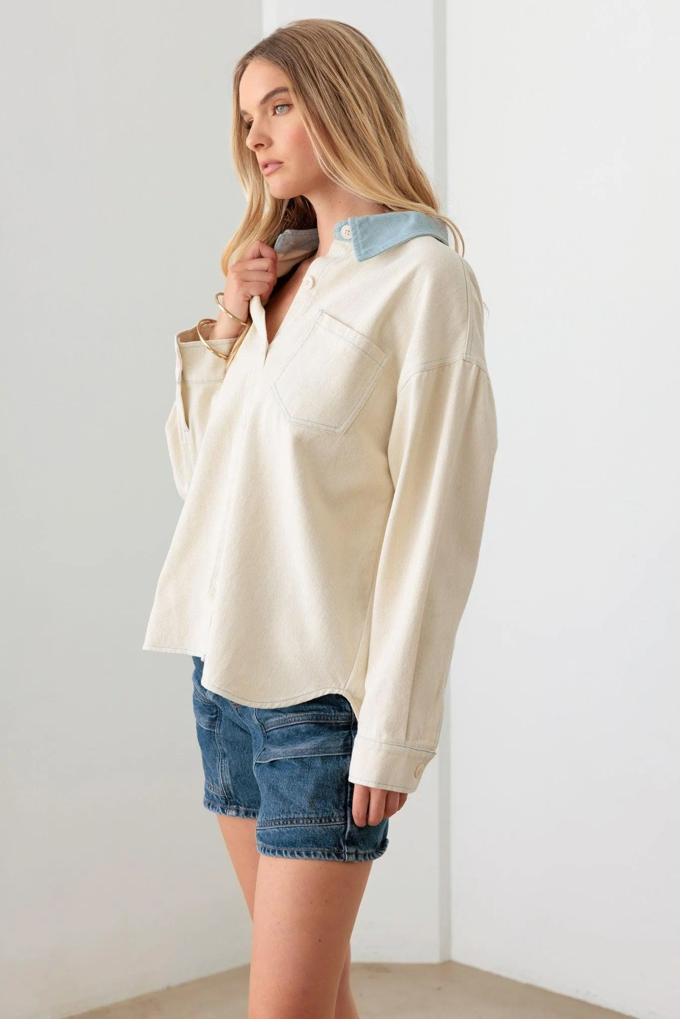 Cream Contrast Collar Cotton Pocket Oversized Shacket