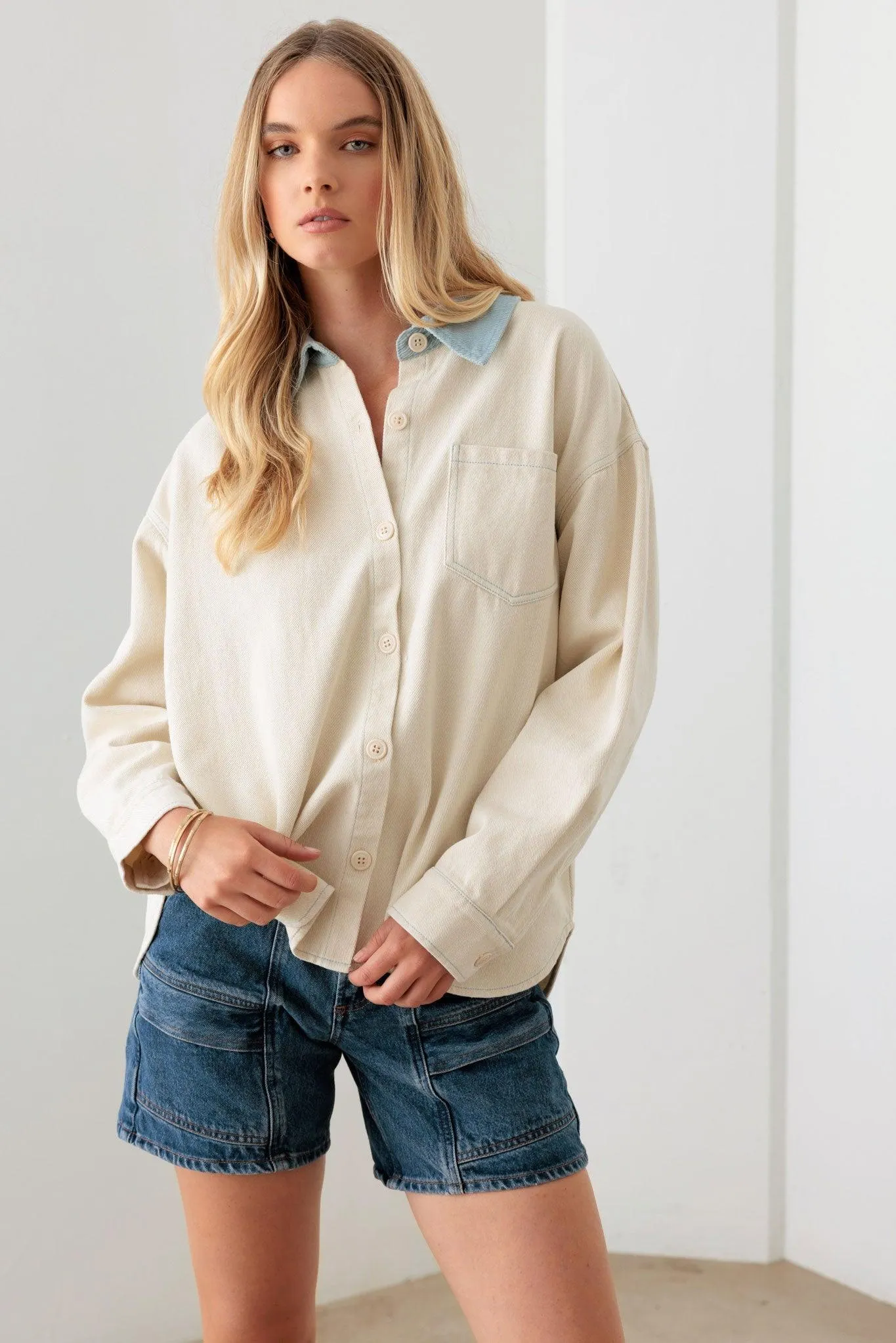 Cream Contrast Collar Cotton Pocket Oversized Shacket