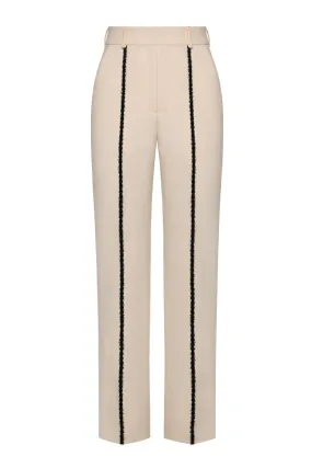 CREAM FUZZY DETAILS STRAIGHT LEG PANTS