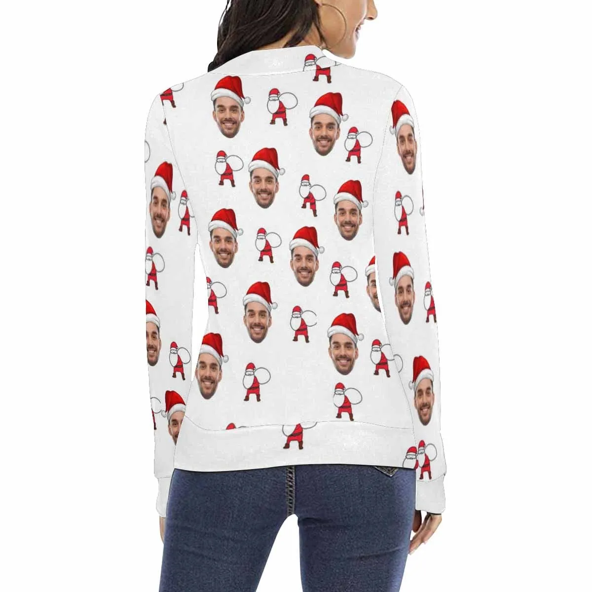 Custom Face Christmas Hat Sweater Personalized Women's All Over Print Mock Neck Sweater Custom Photo Ugly Sweater For Christmas