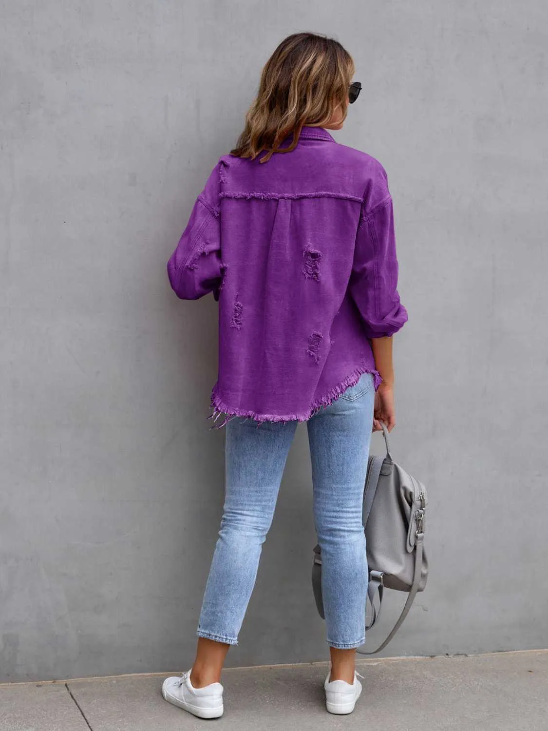 Distressed Drop Shoulder Cotton Denim Shacket - 8 colors