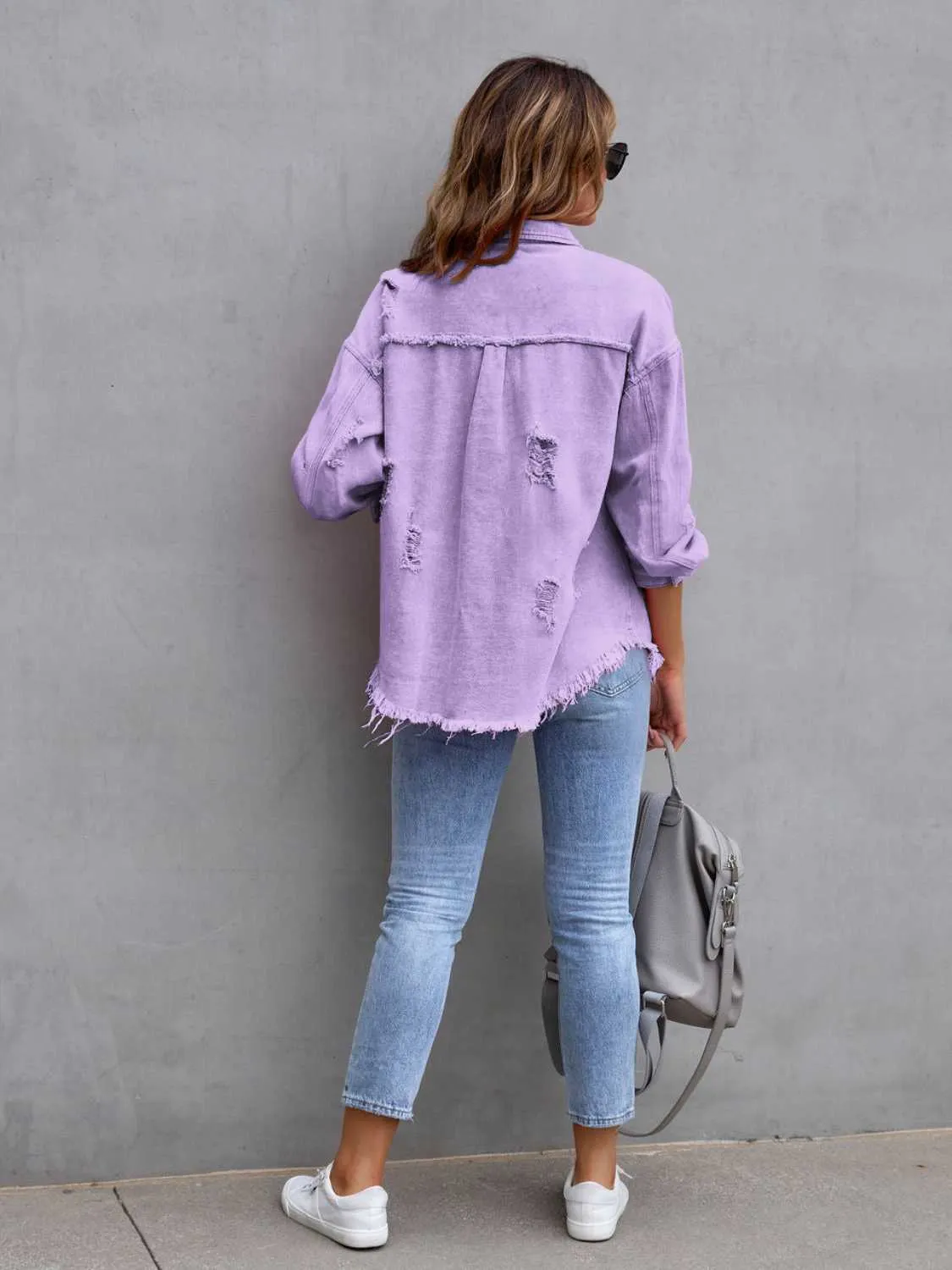 Distressed Drop Shoulder Cotton Denim Shacket - 8 colors